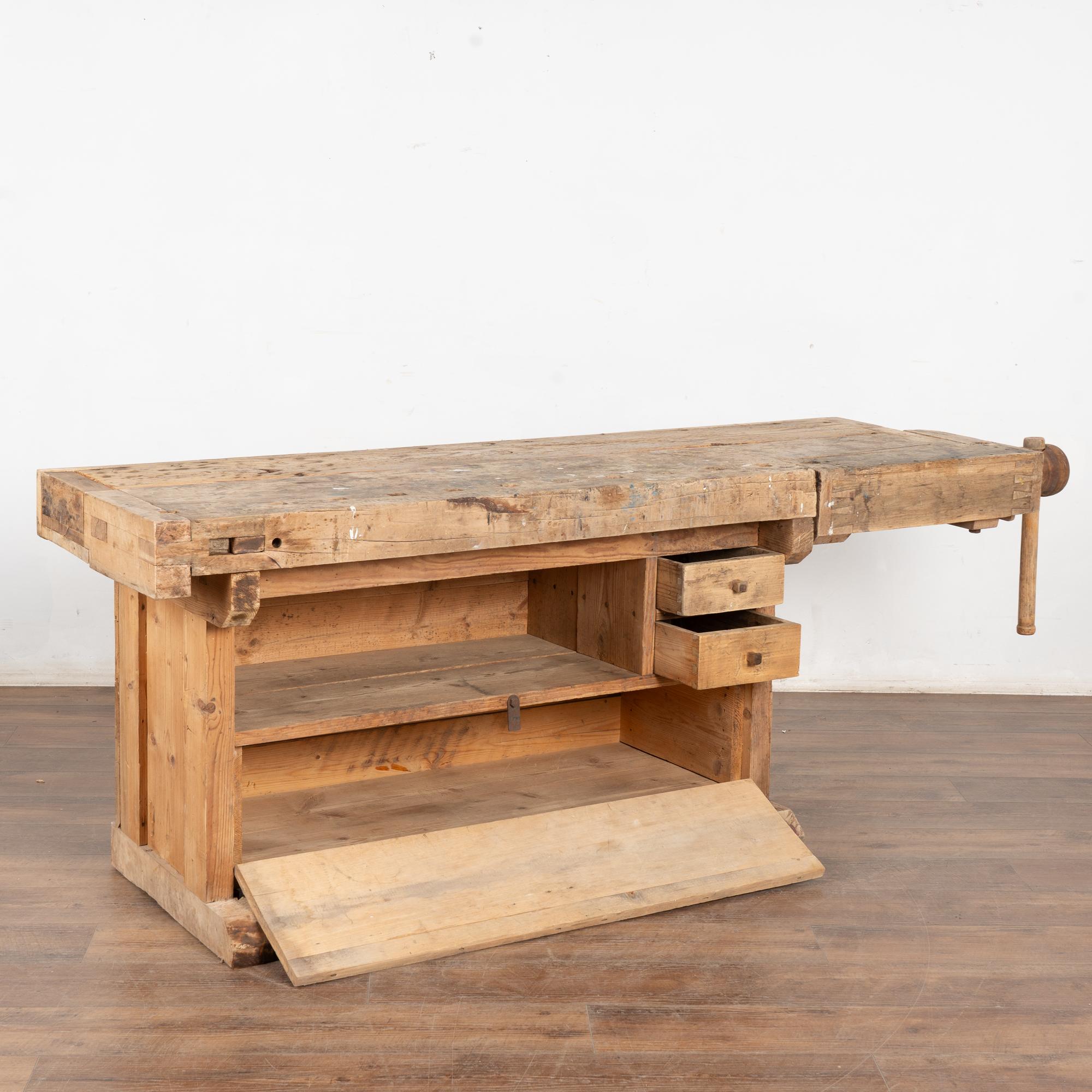 Danish Rustic Carpenter Workbench Console Table with Shelf & Storage, Circa 1920 For Sale