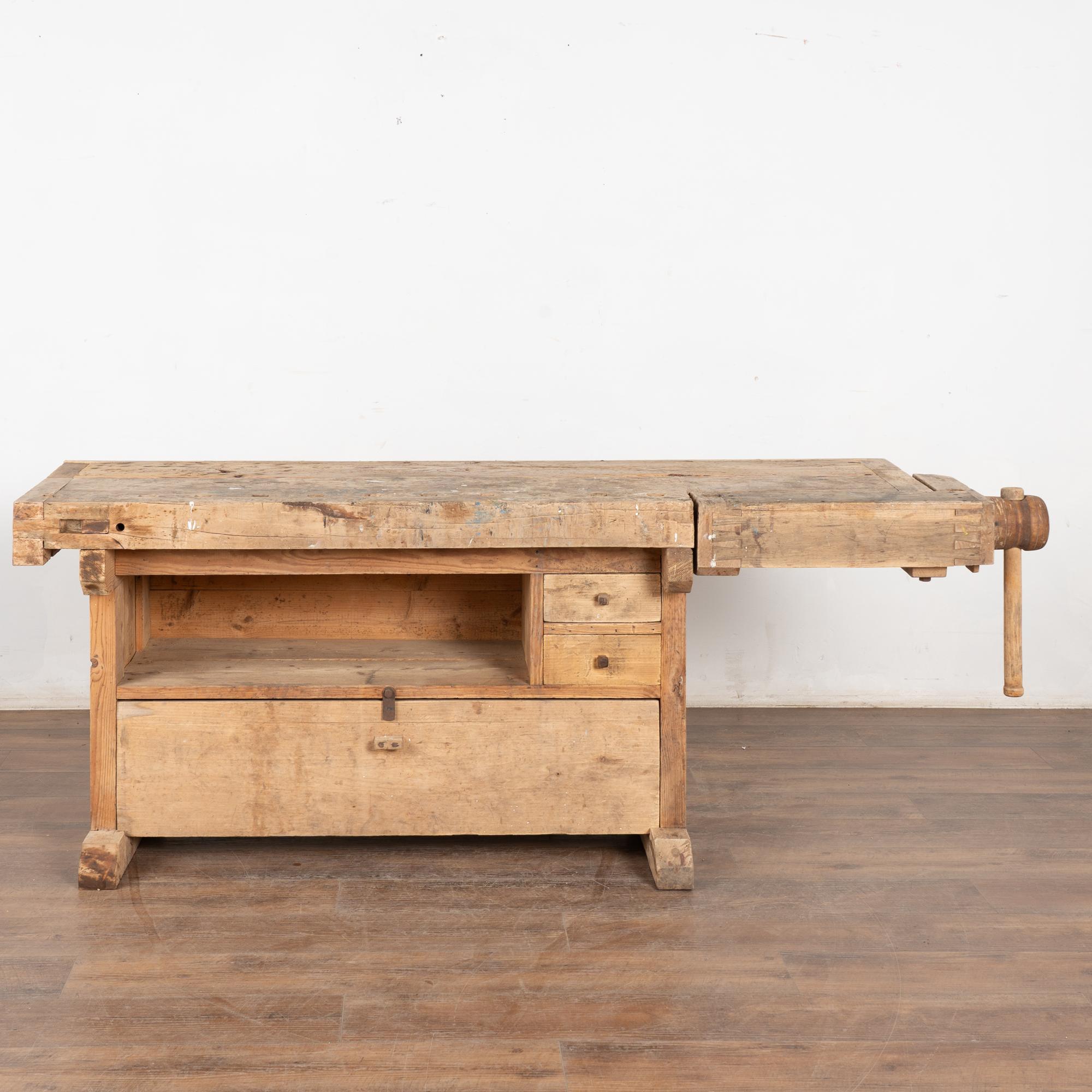 Rustic Carpenter Workbench Console Table with Shelf & Storage, Circa 1920 In Good Condition For Sale In Round Top, TX