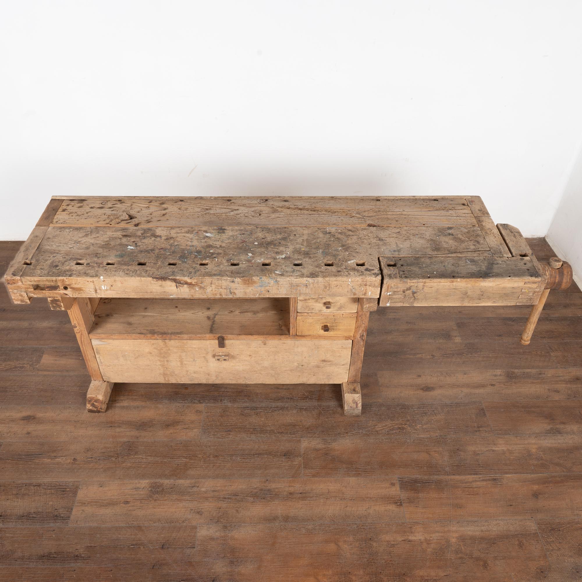 20th Century Rustic Carpenter Workbench Console Table with Shelf & Storage, Circa 1920 For Sale