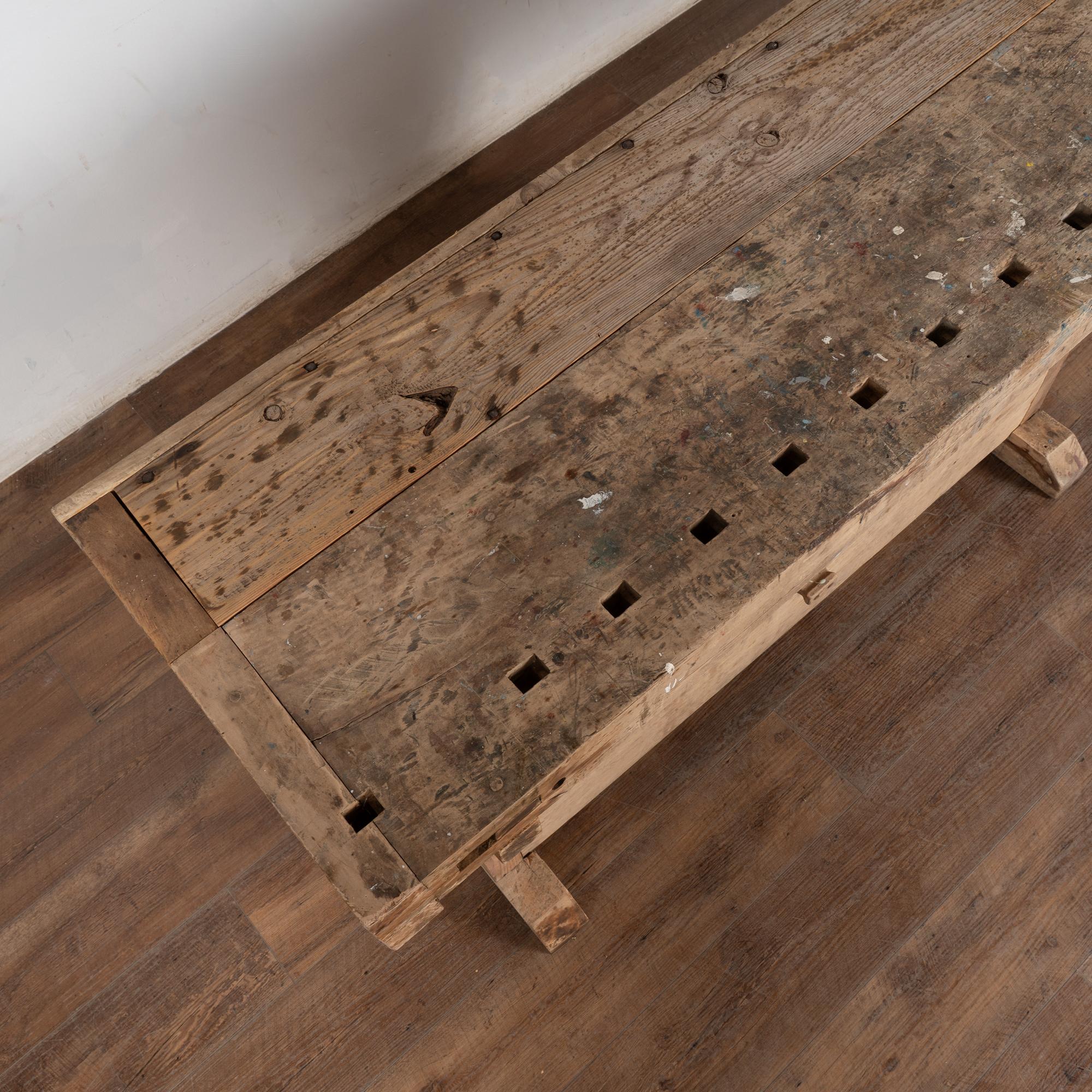 Wood Rustic Carpenter Workbench Console Table with Shelf & Storage, Circa 1920 For Sale