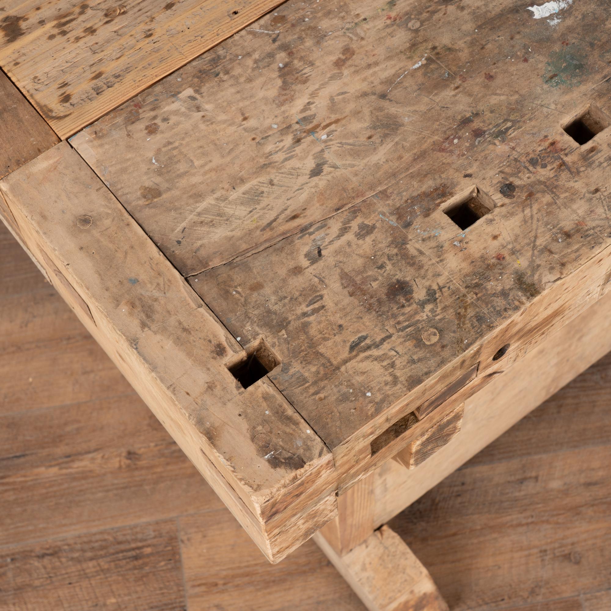Rustic Carpenter Workbench Console Table with Shelf & Storage, Circa 1920 For Sale 1
