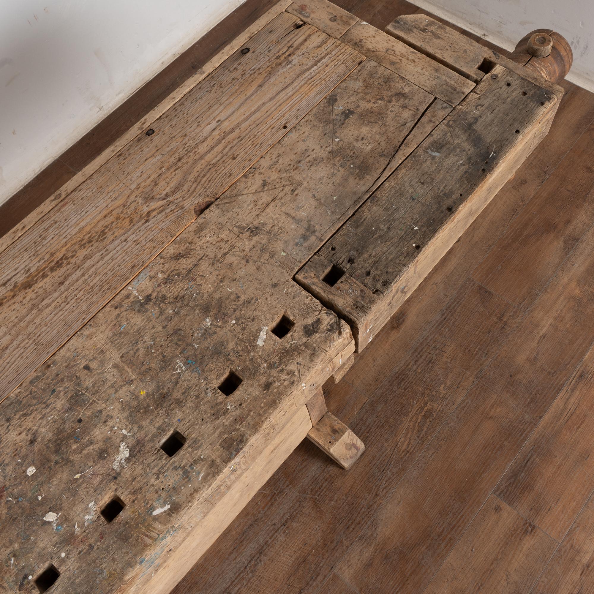 Rustic Carpenter Workbench Console Table with Shelf & Storage, Circa 1920 For Sale 2