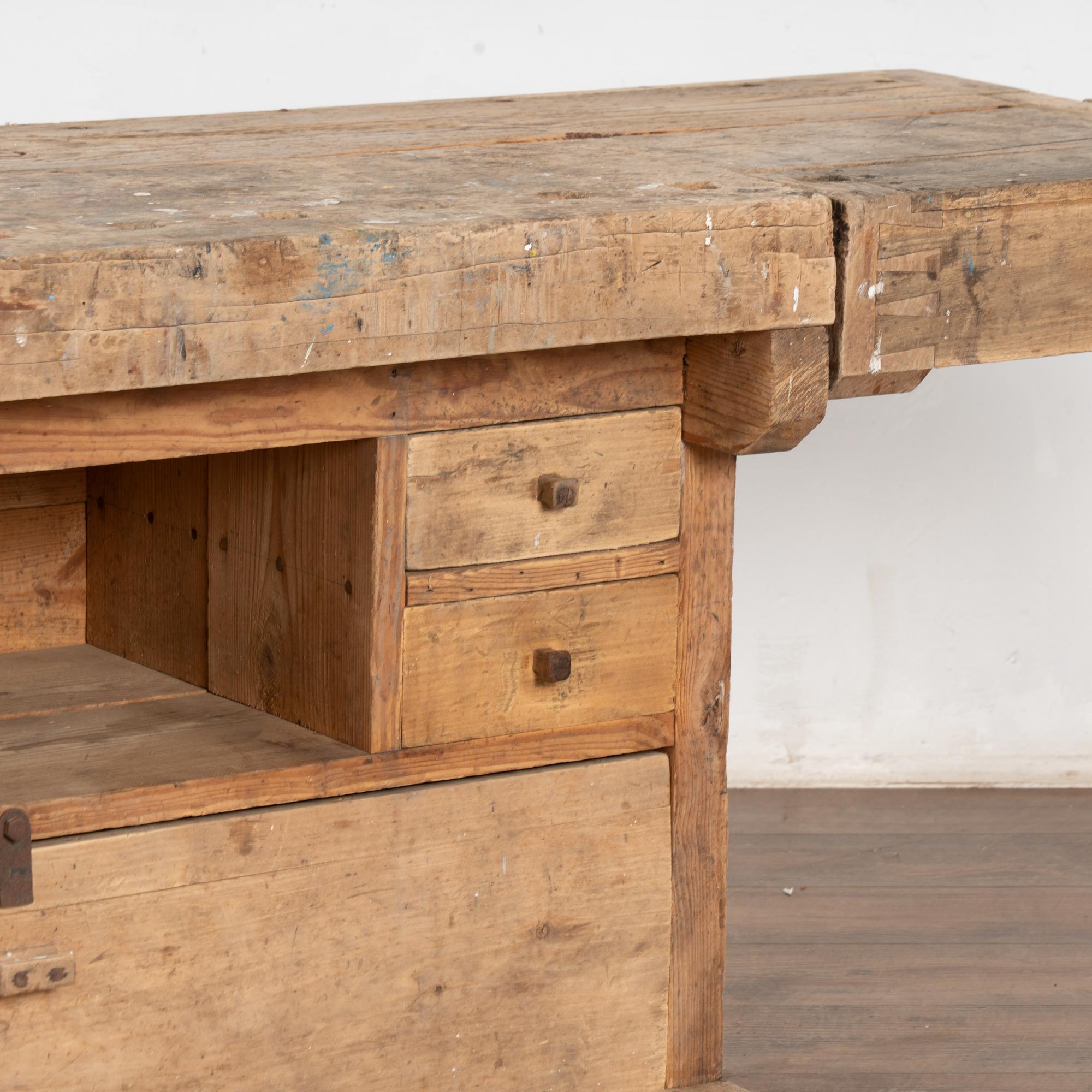Rustic Carpenter Workbench Console Table with Shelf & Storage, Circa 1920 For Sale 3