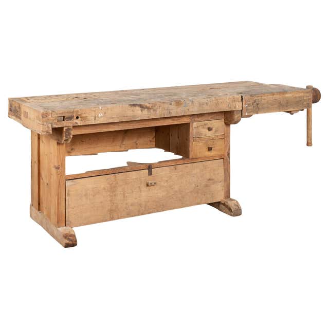 19th Century Rustic Pine Work Table with Shelf, Console or Island For ...