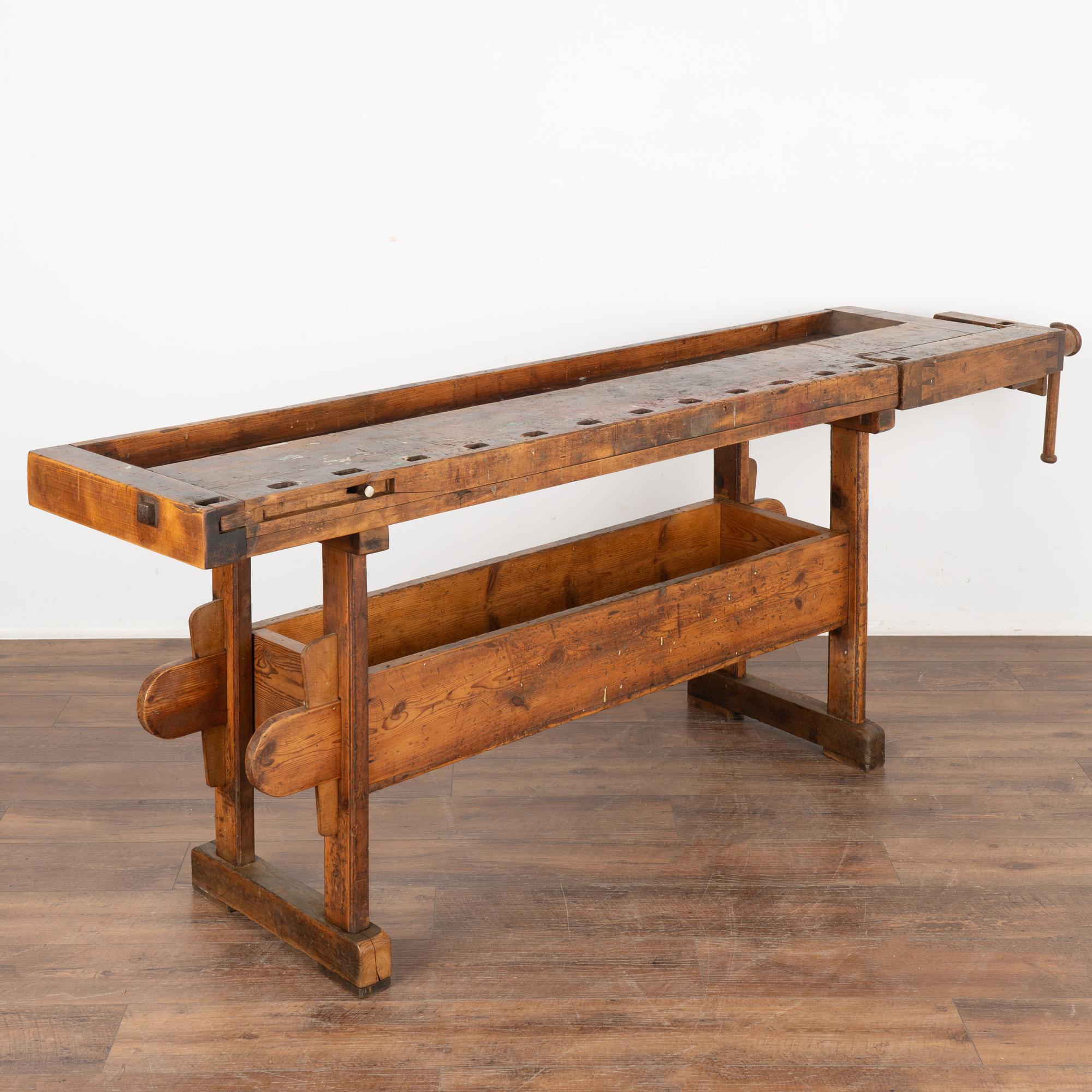 Rustic Carpenter's Workbench Console Table With Shelf, Denmark circa 1890 In Good Condition In Round Top, TX
