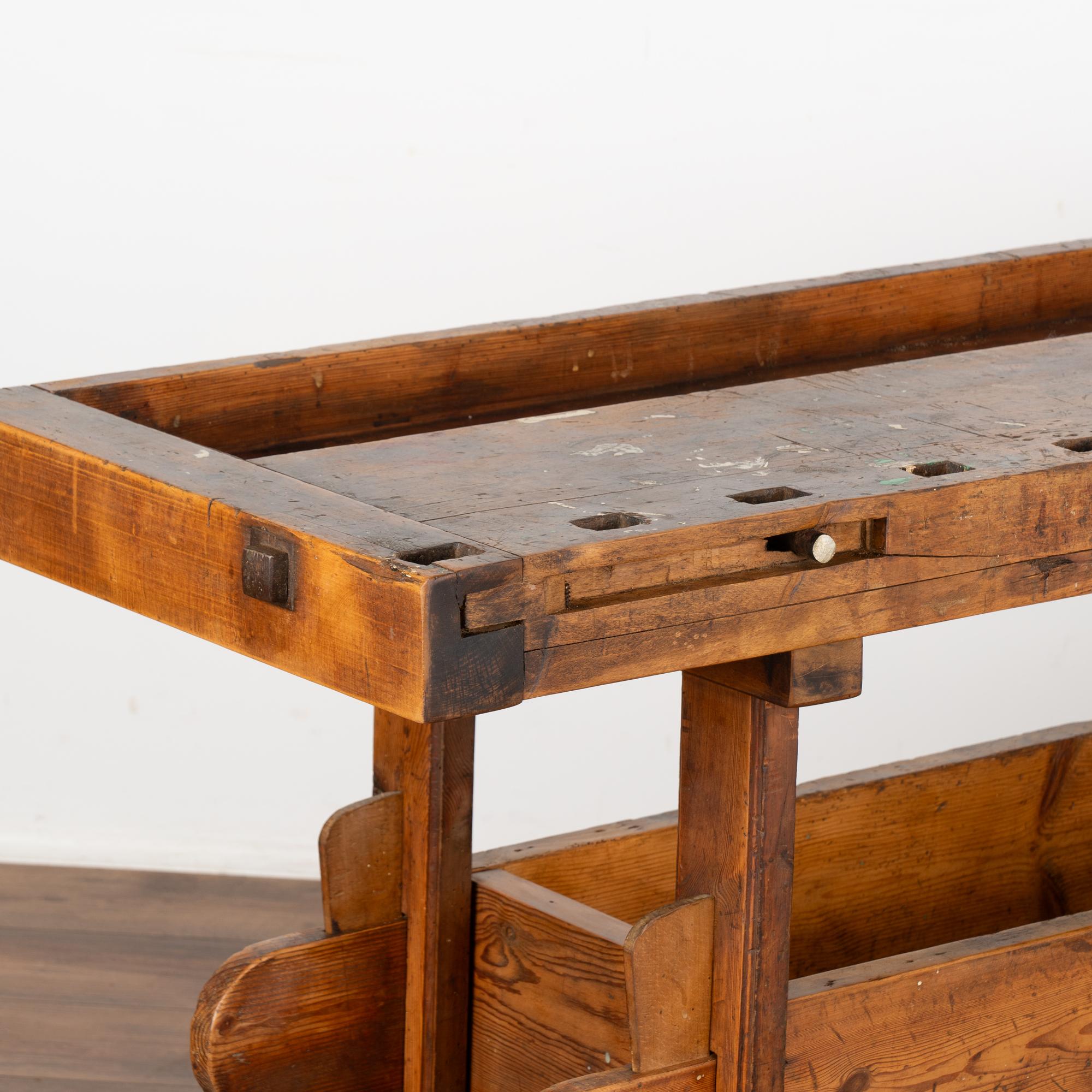 Wood Rustic Carpenter's Workbench Console Table With Shelf, Denmark circa 1890