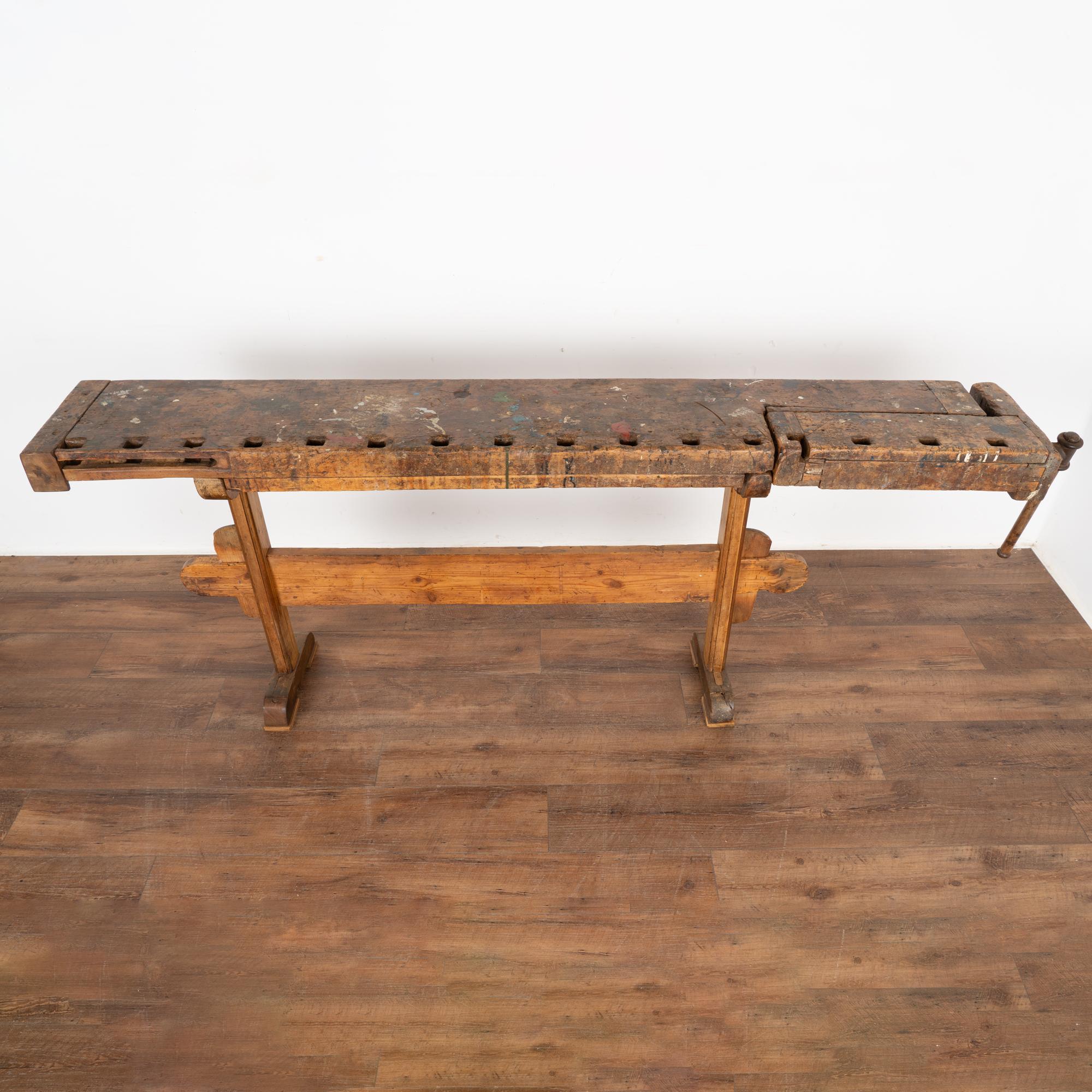 Rustic Carpenters Workbench Narrow Console Table, Denmark circa 1890 In Good Condition In Round Top, TX
