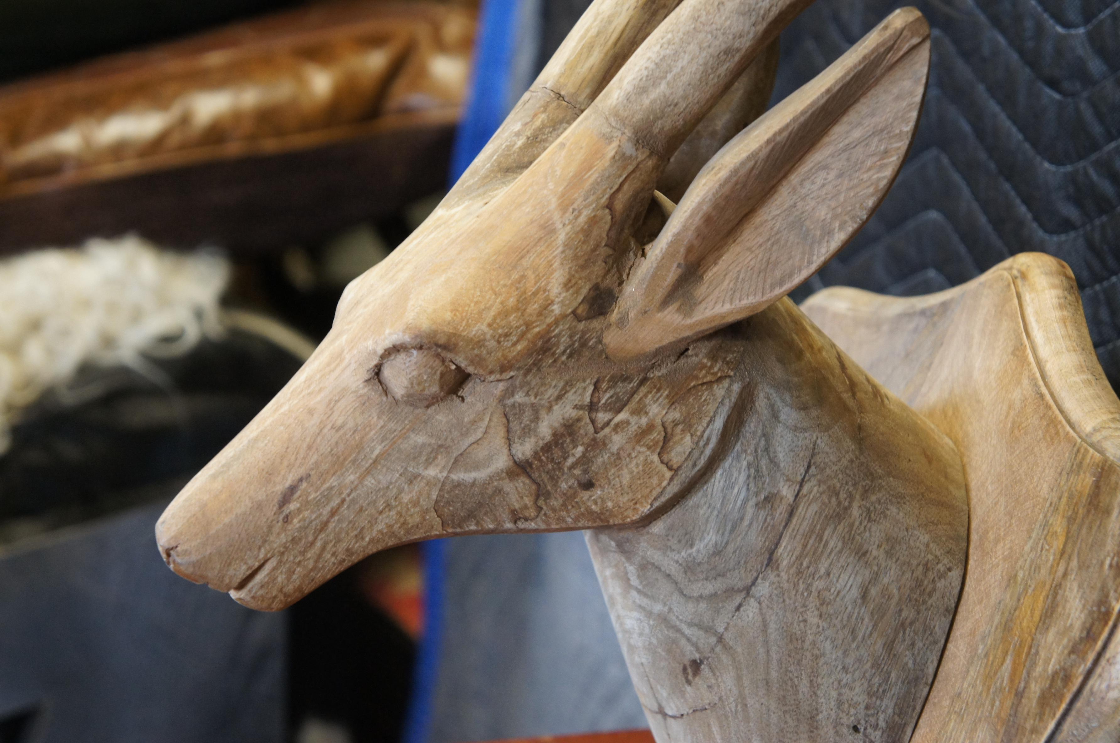 20th Century Carved Hardwood Taxidermy Deer Antelope Stag Head Bust w Antlers 20