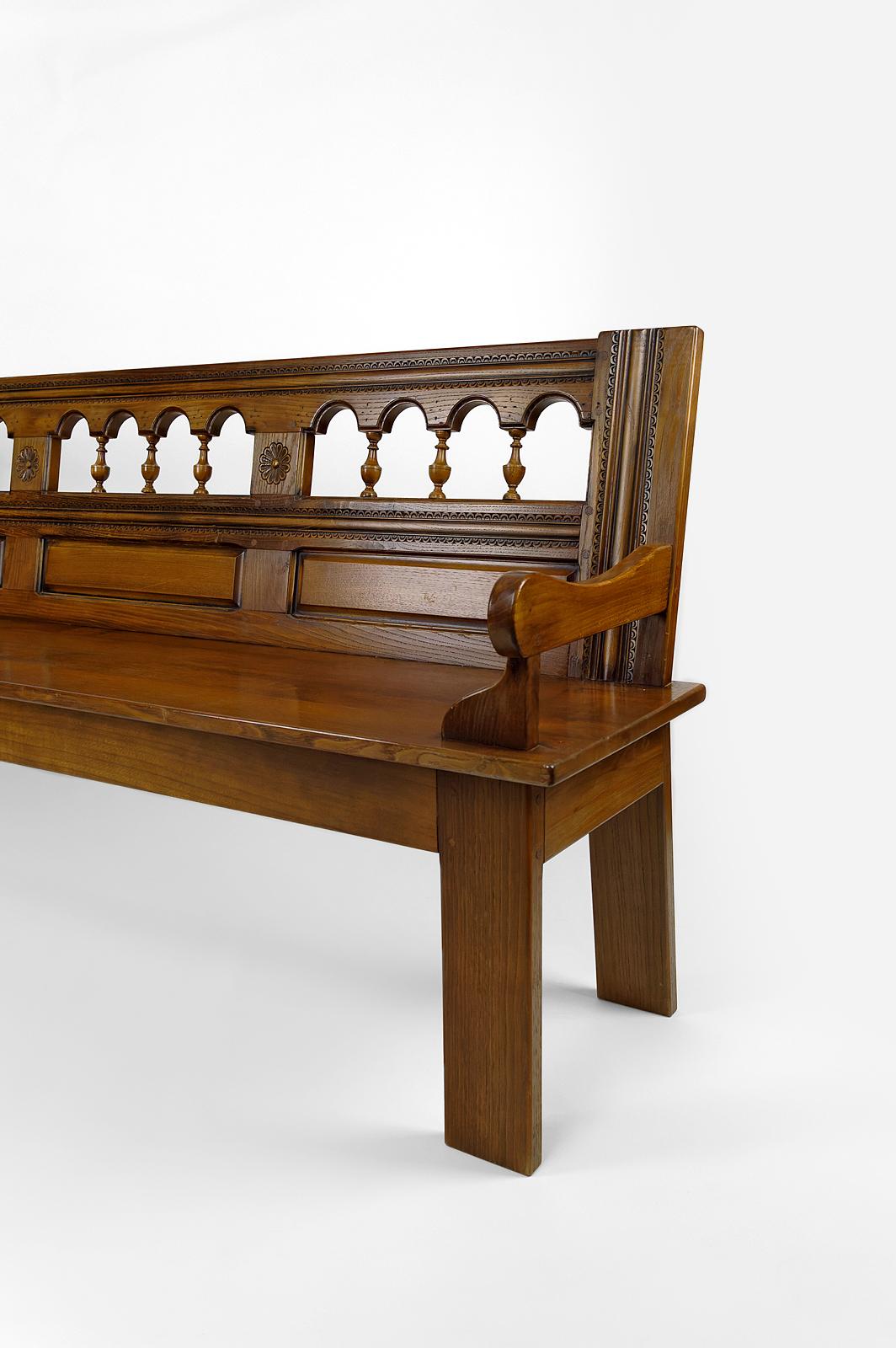 Rustic Carved Oak Farmhouse Bench, France, 20th century 4
