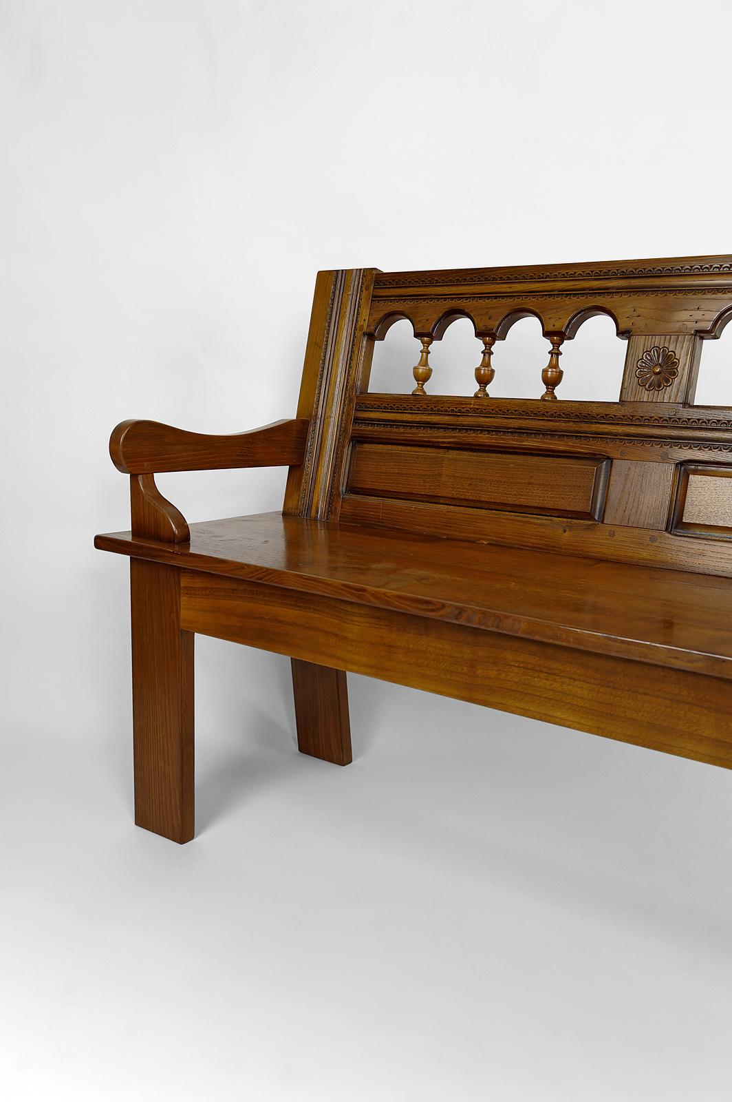 Rustic Carved Oak Farmhouse Bench, France, 20th century 5