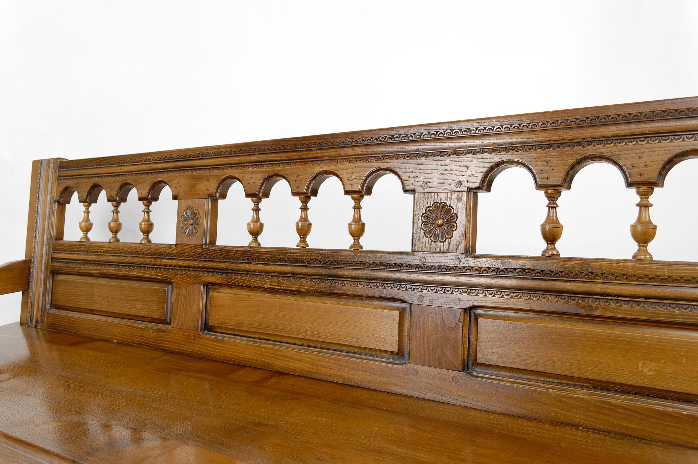 Rustic Carved Oak Farmhouse Bench, France, 20th century 6