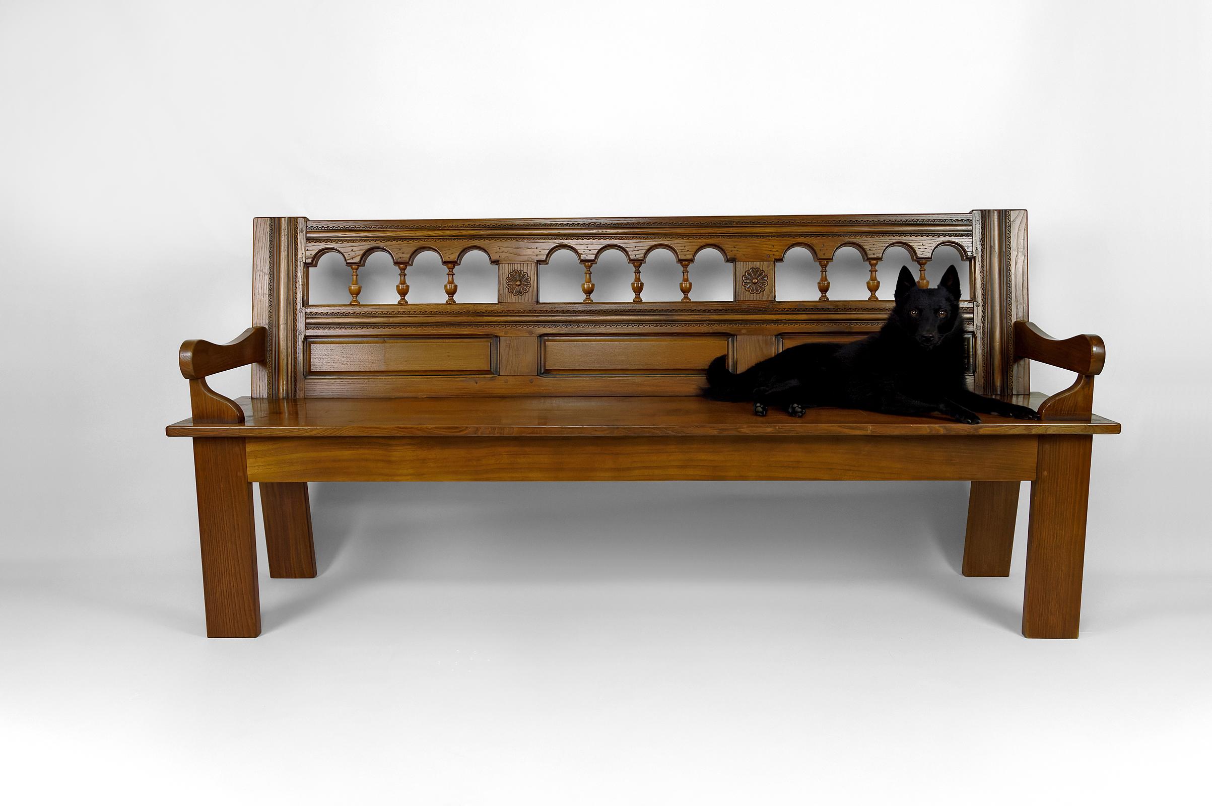 French Provincial Rustic Carved Oak Farmhouse Bench, France, 20th century