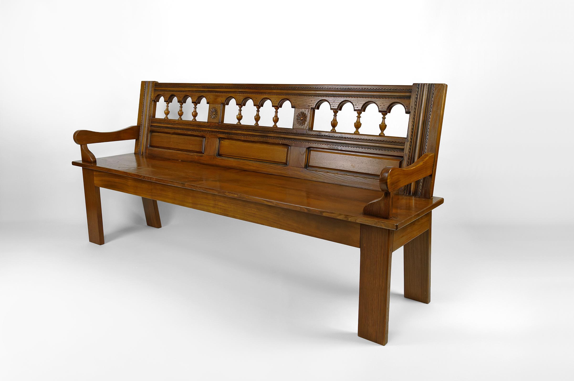 French Rustic Carved Oak Farmhouse Bench, France, 20th century