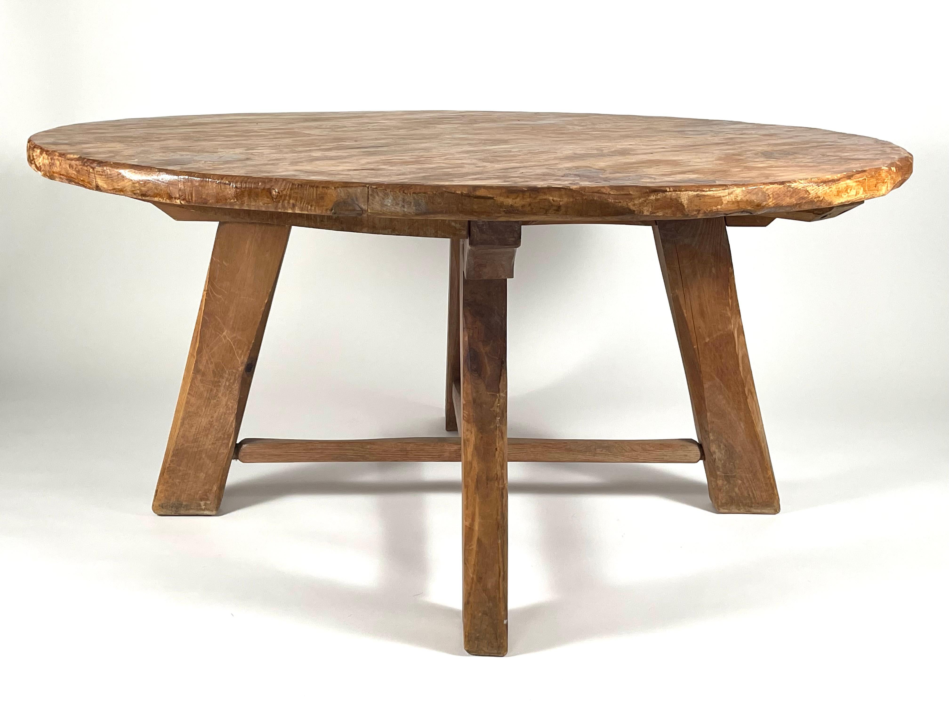 20th Century Rustic Carved Pine Round Dining Table