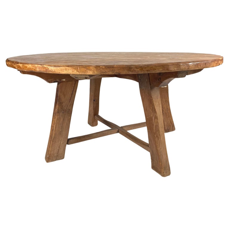 Rustic Carved Pine Round Dining Table For Sale at 1stDibs