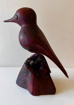 Rustic Carved Wood Bird Sculpture on Stand, American Craftsman, USA