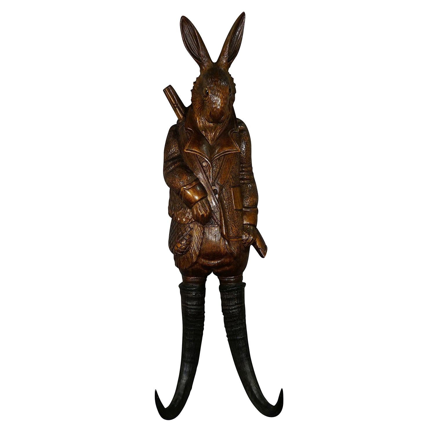 Rustic Carved Wood Hunter Hare Coat Hook