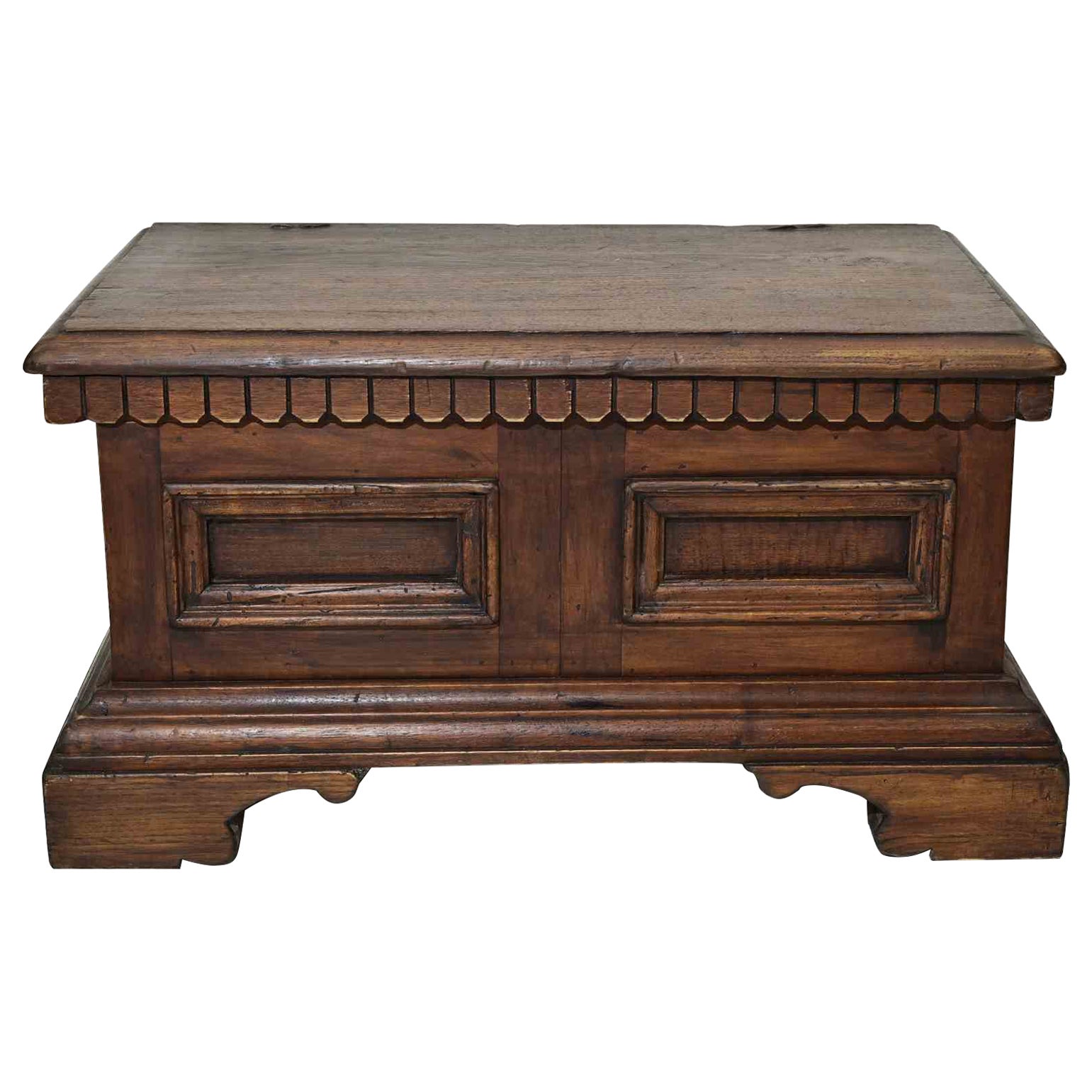 19th Century Rustic Wooden Coffer with Italian Carved Design For Sale