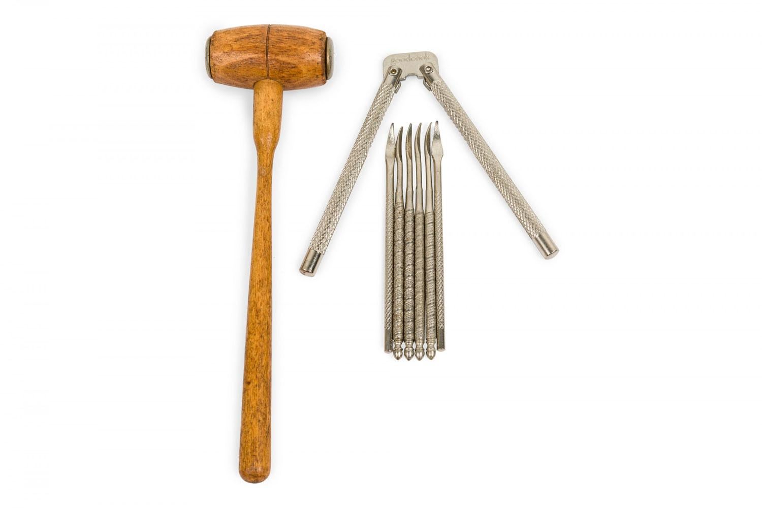 Rustic Carved Wooden Nutcracker Set with Wooden Mallet For Sale 2