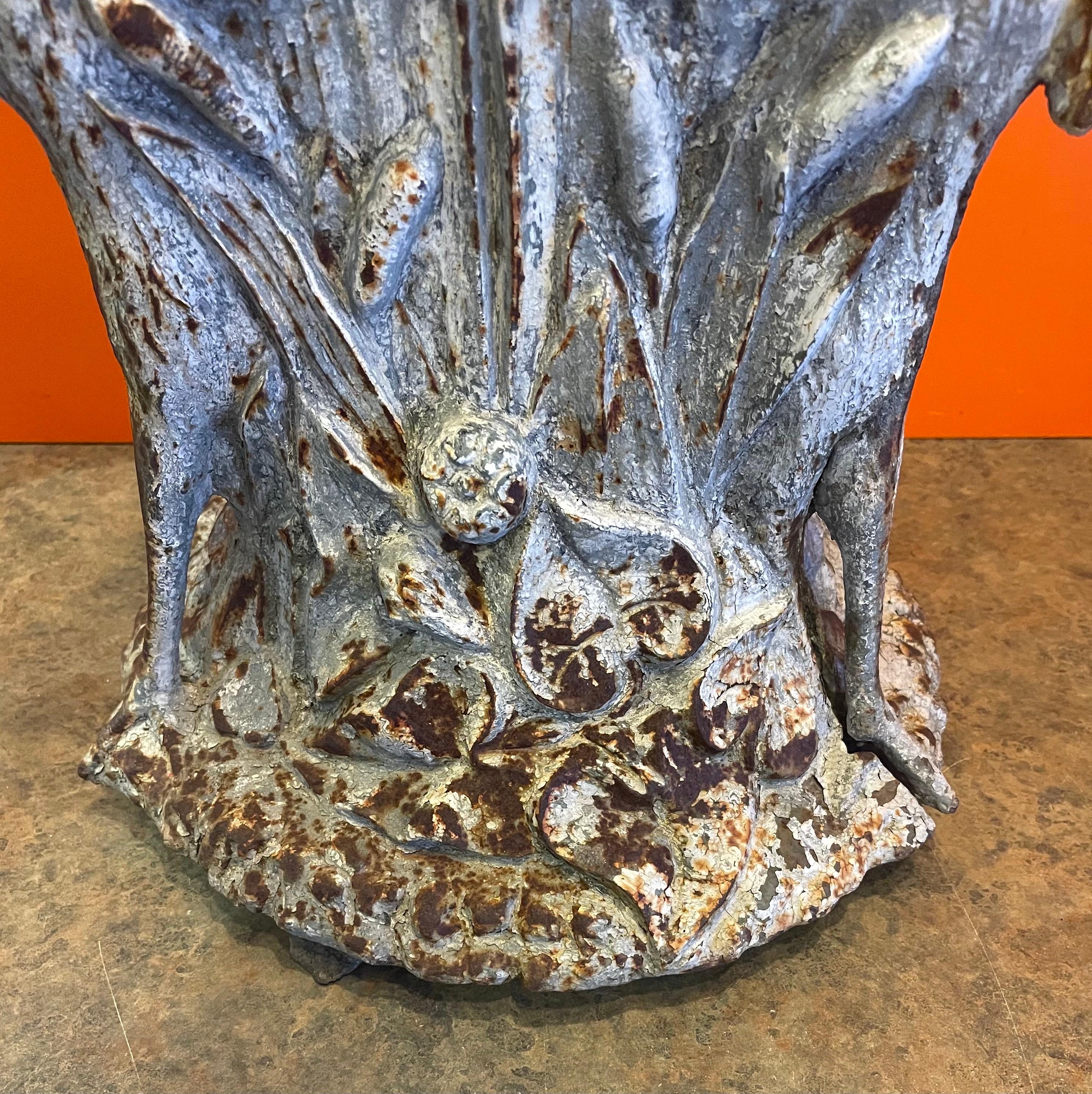 Rustic Cast Iron Umbrella Stand with Swans In Distressed Condition In San Diego, CA