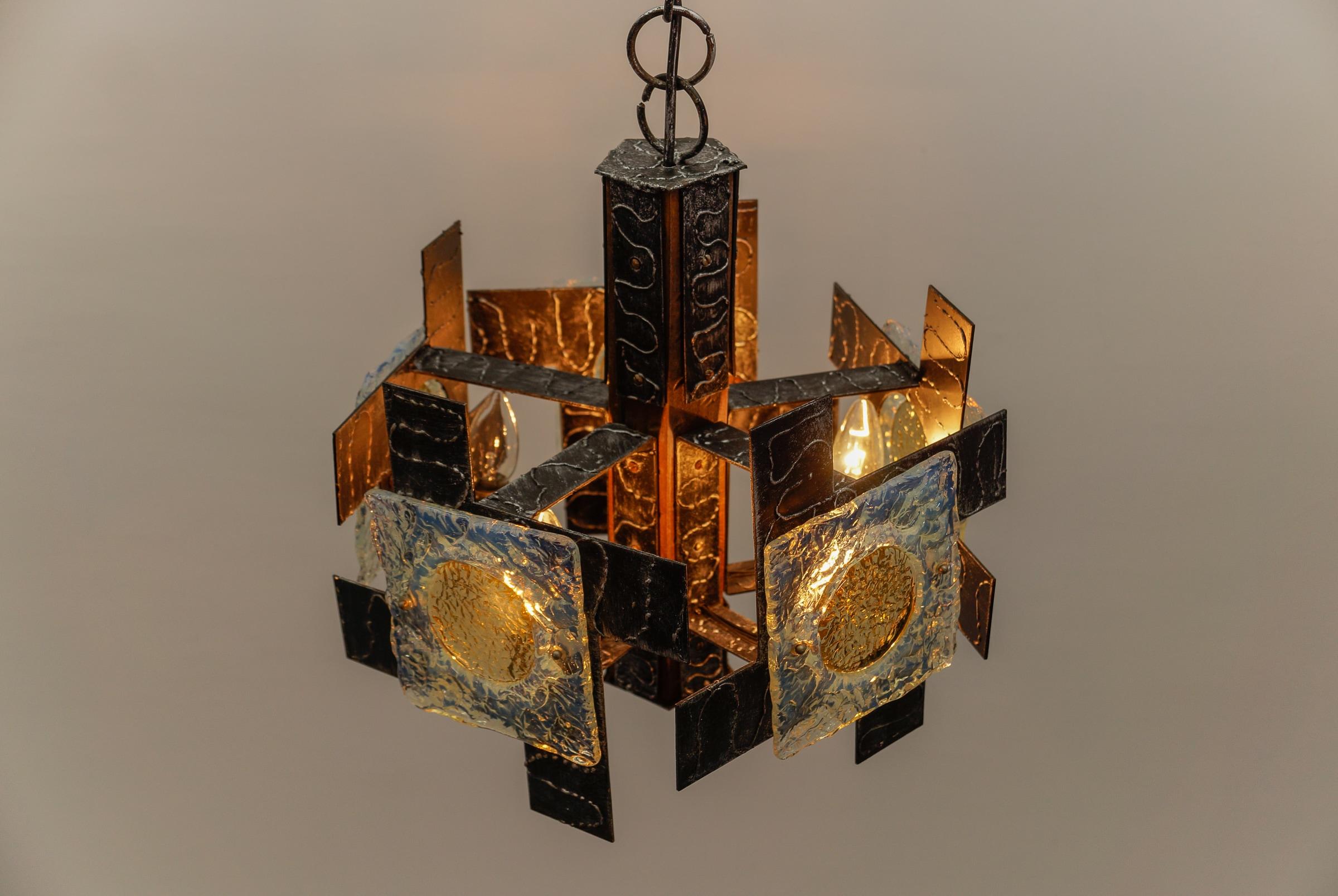 Rustikale Deckenleuchte aus Holz, Eisen und Murano-Glas, 1960er Jahre Italien im Angebot 4