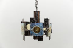 Rustikale Deckenleuchte aus Holz, Eisen und Murano-Glas, 1960er Jahre Italien