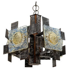 Lampada da soffitto rustica in Wood, ferro e vetro di Murano, Italia anni '60