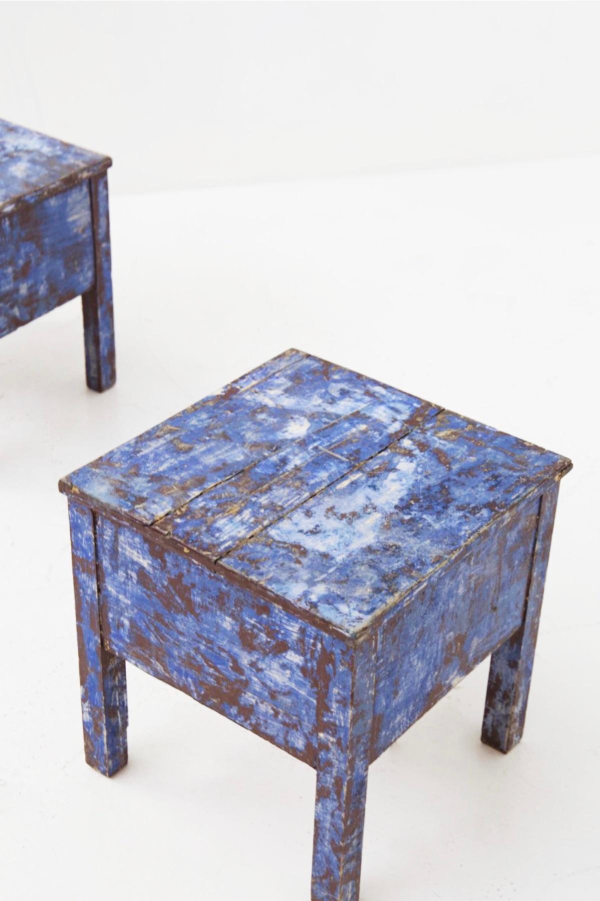 Early 20th Century Rustic Chic Blue Stools For Sale