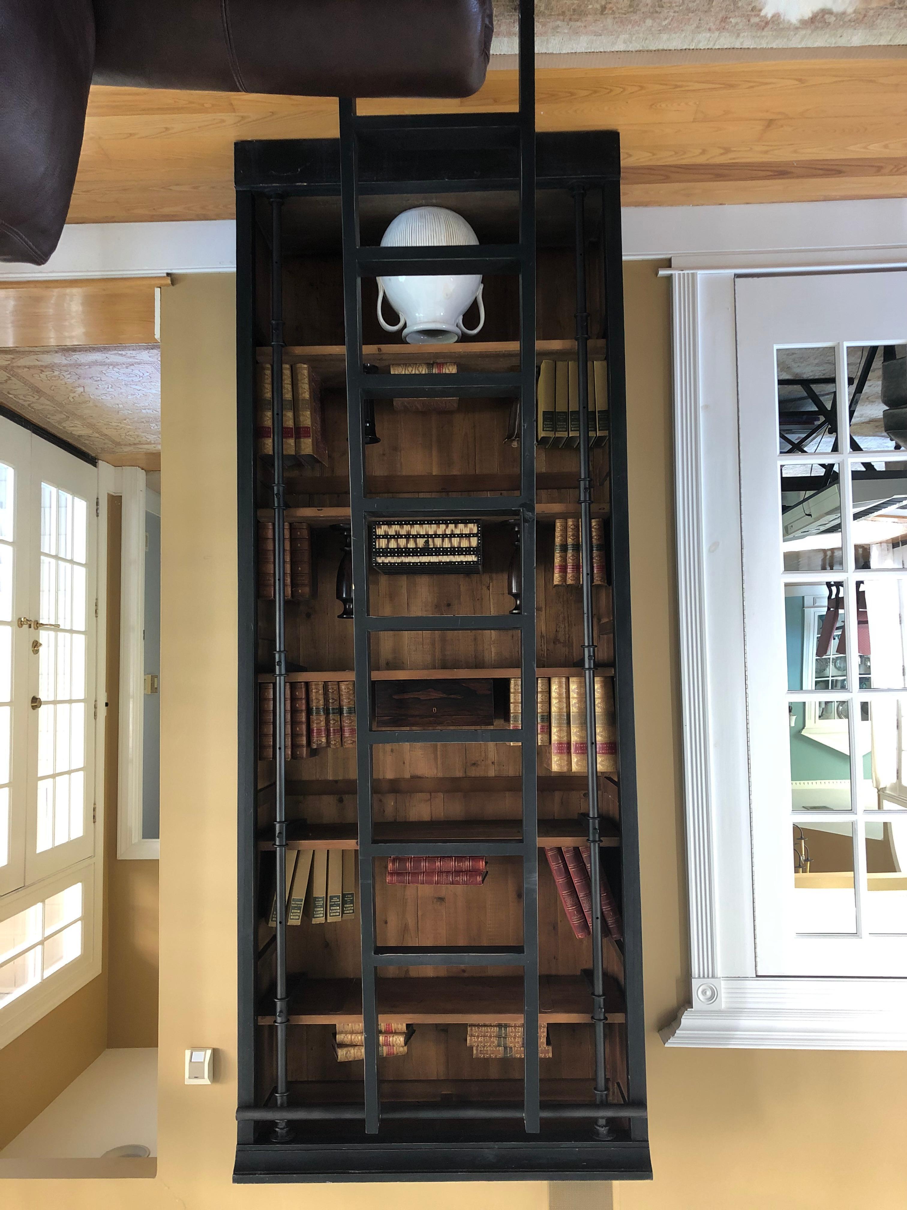 Contemporary Rustic Chic Reclaimed Wood and Iron Black Bookcase with Ladder