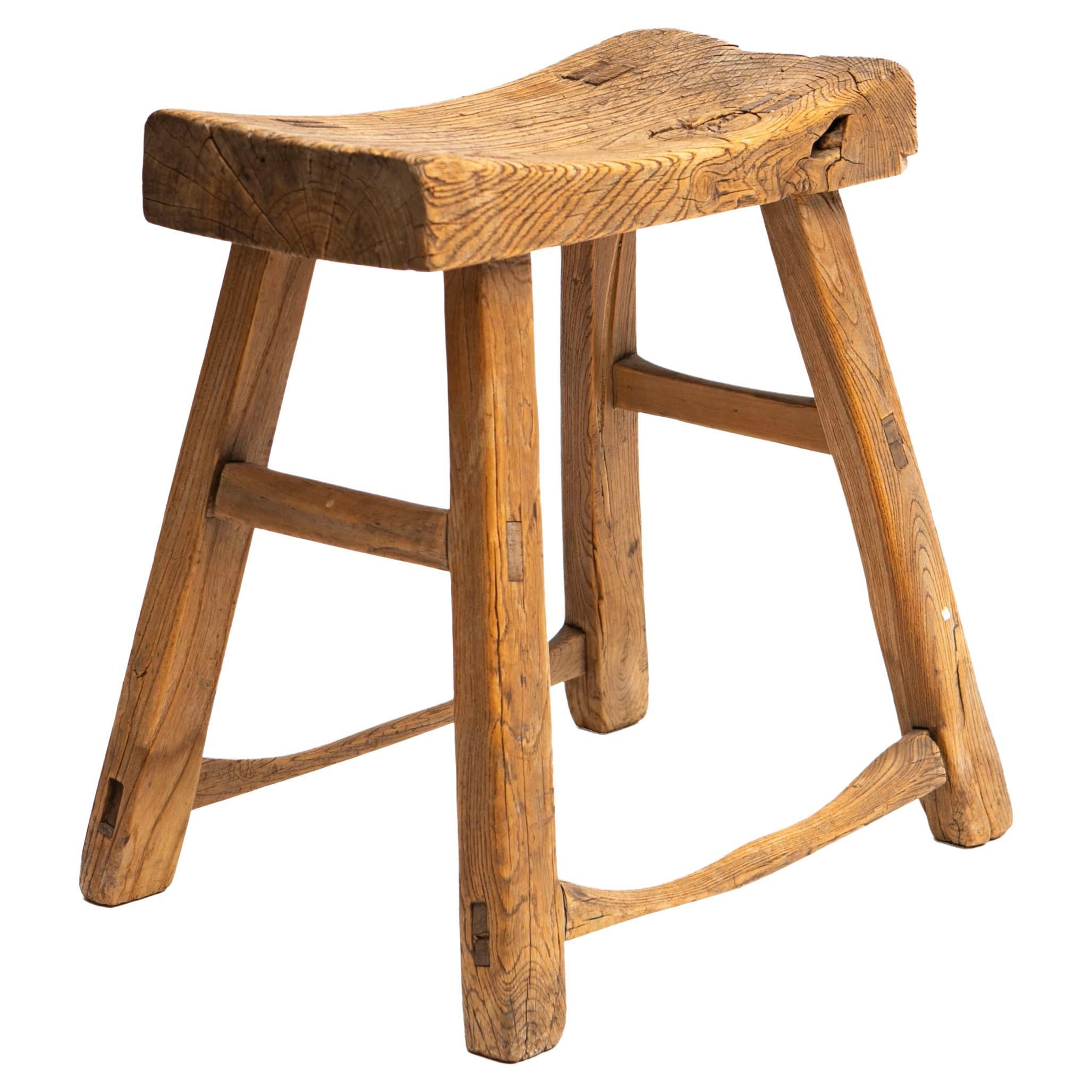 Rustic Chinese 18-19th Century Elmwood Stool For Sale