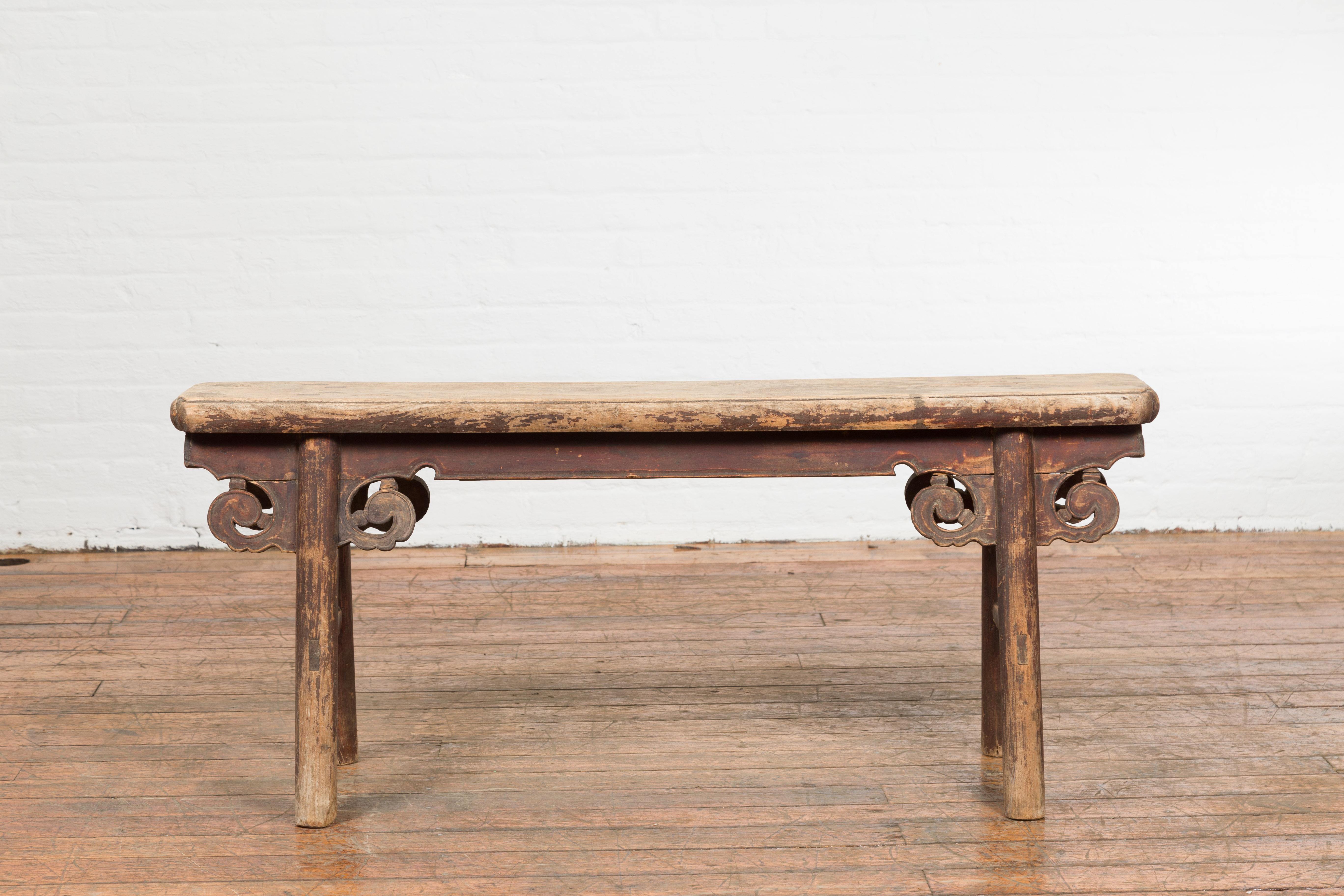 Rustic Chinese A-Frame Bench with Scrolling Spandrels and Distressed Patina 3