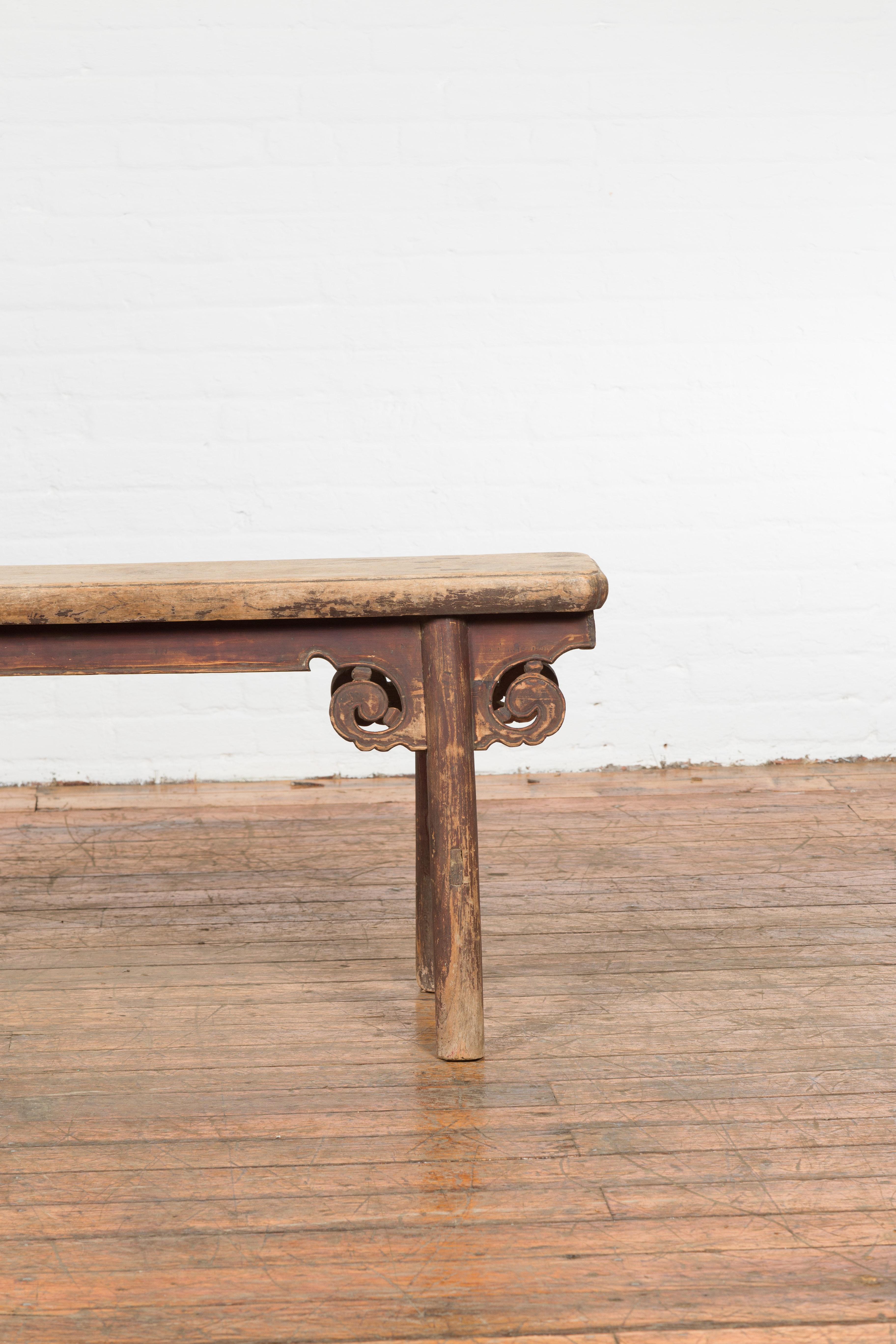 Rustic Chinese A-Frame Bench with Scrolling Spandrels and Distressed Patina In Good Condition In Yonkers, NY