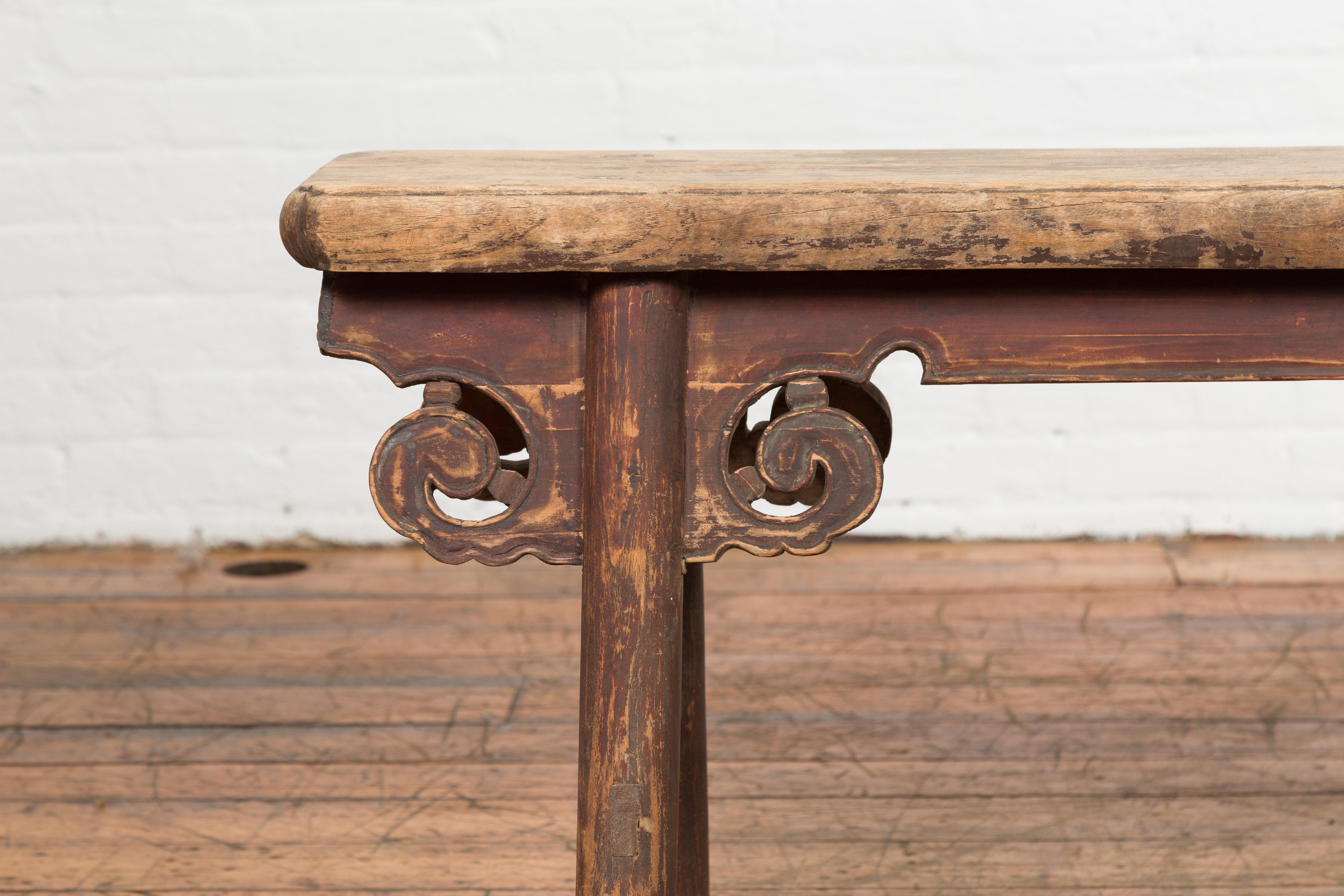 20th Century Rustic Chinese A-Frame Bench with Scrolling Spandrels and Distressed Patina