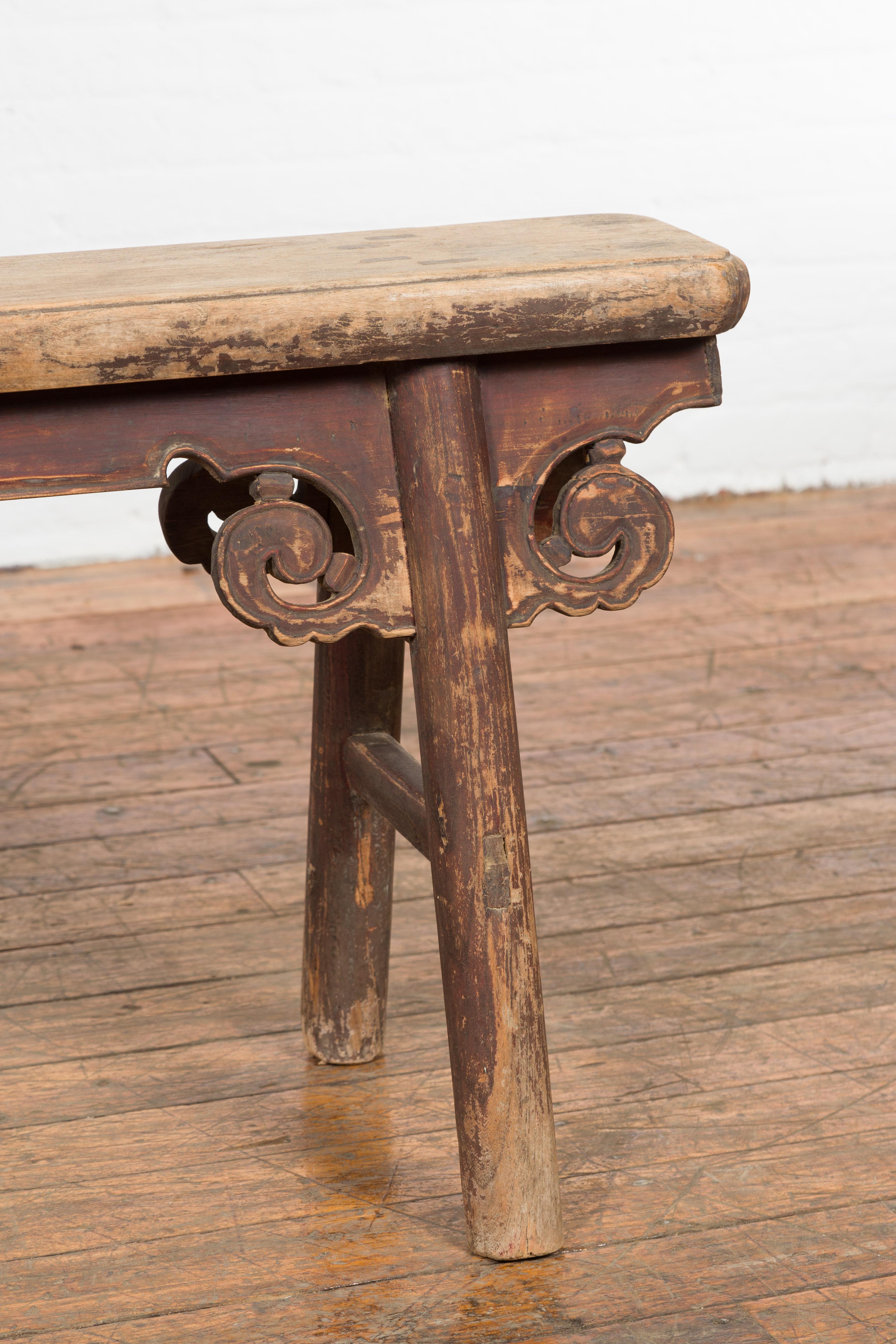 Wood Rustic Chinese A-Frame Bench with Scrolling Spandrels and Distressed Patina