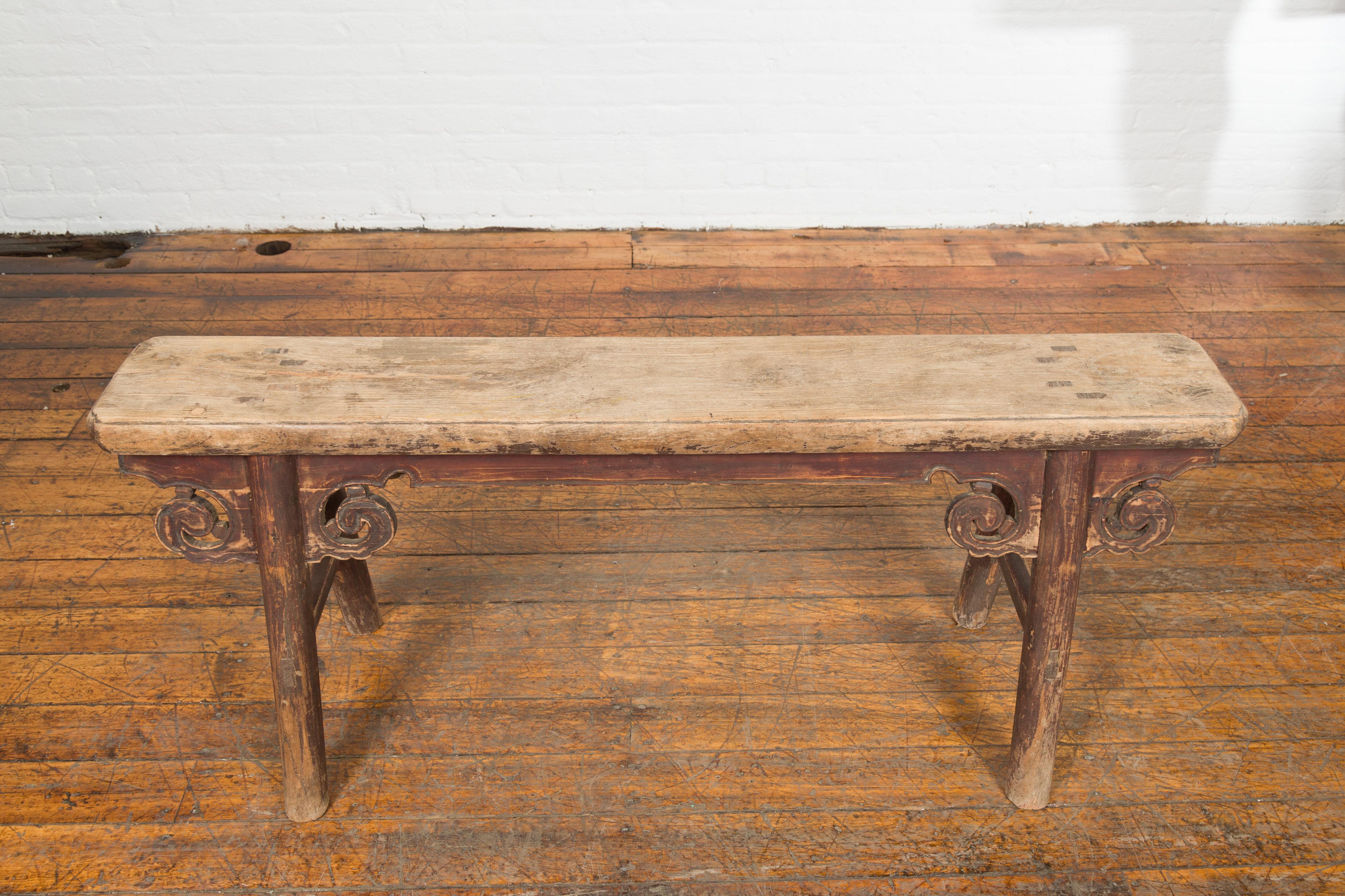 Rustic Chinese A-Frame Bench with Scrolling Spandrels and Distressed Patina 1