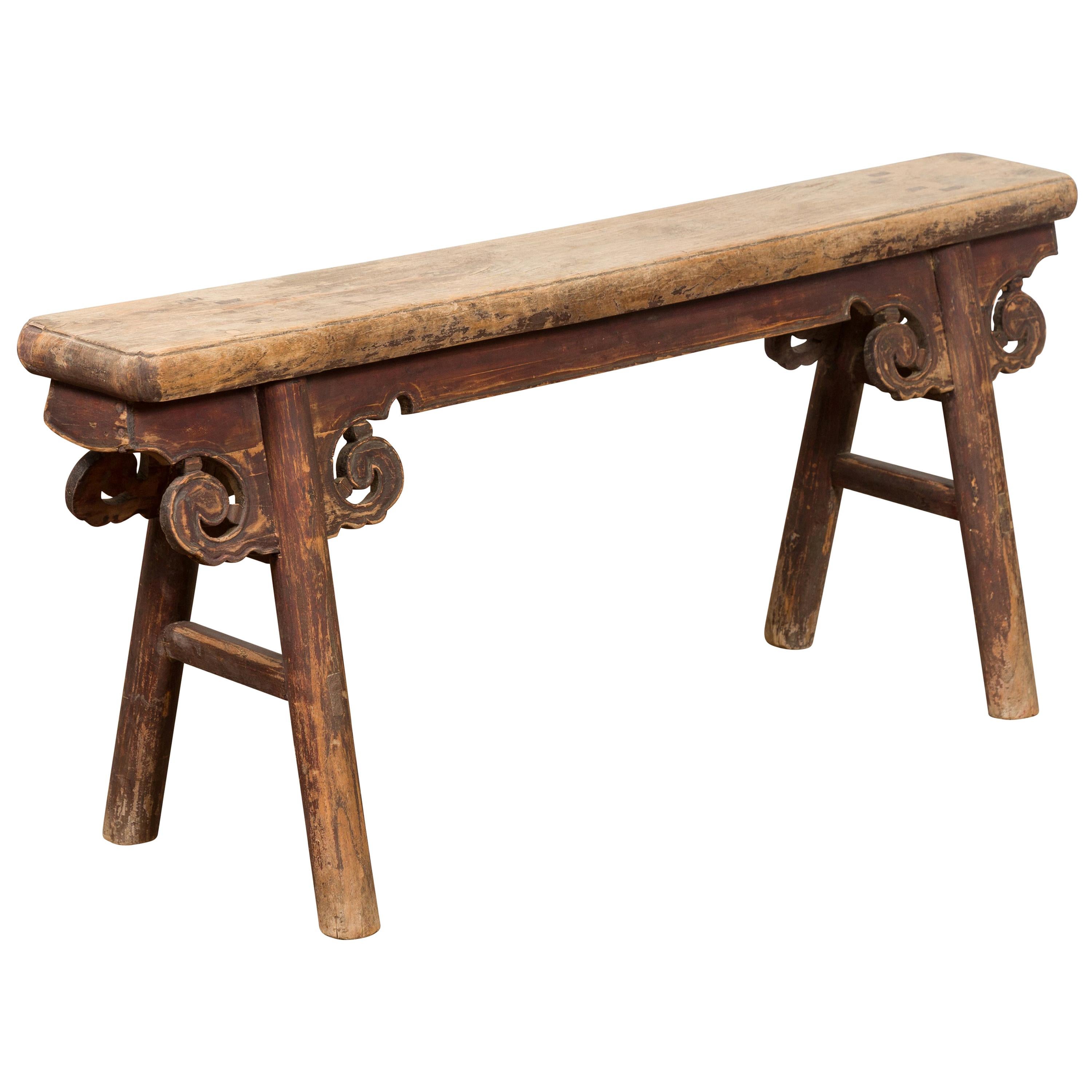 Rustic Chinese A-Frame Bench with Scrolling Spandrels and Distressed Patina