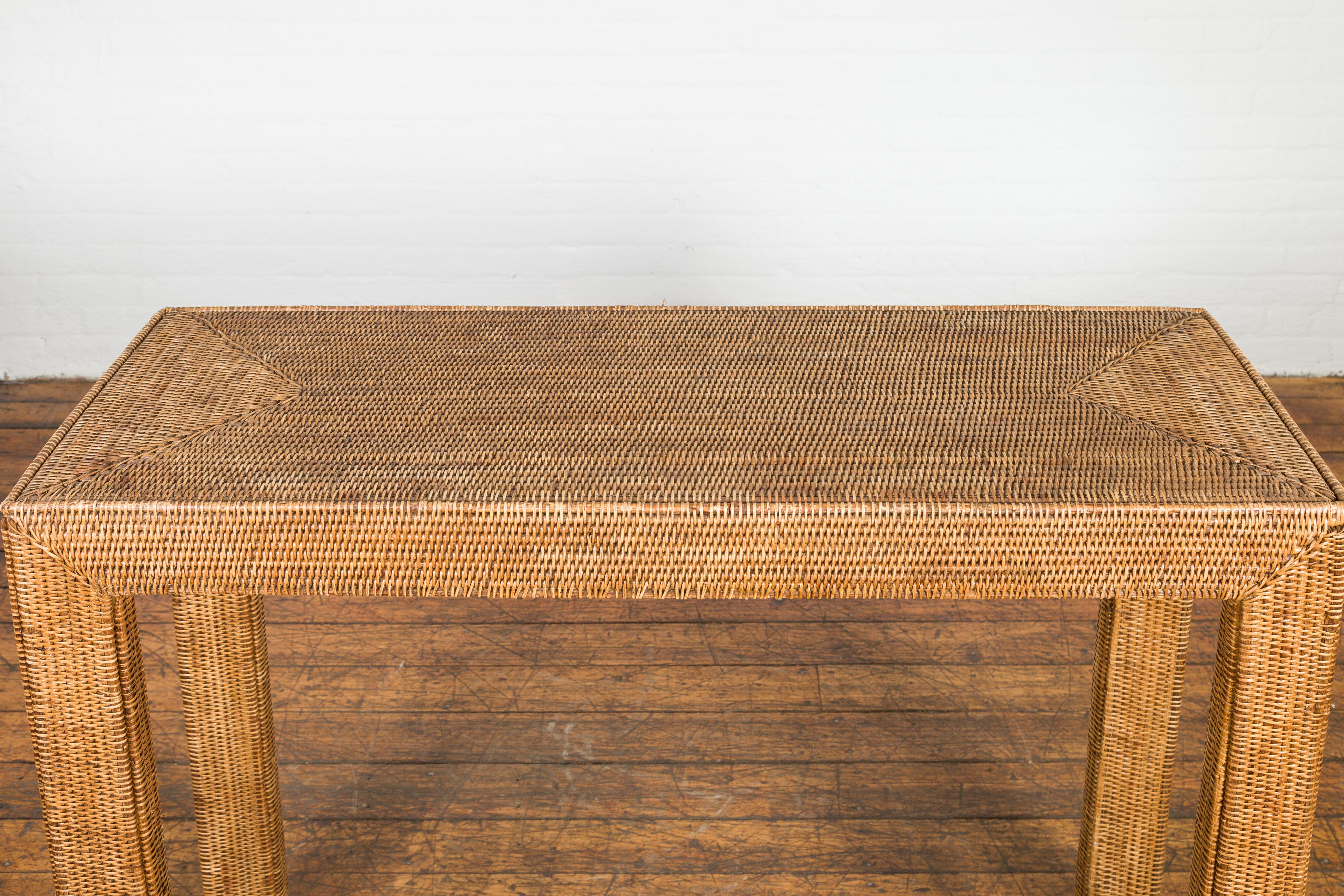 Midcentury Style Woven Rattan Console Table For Sale 7