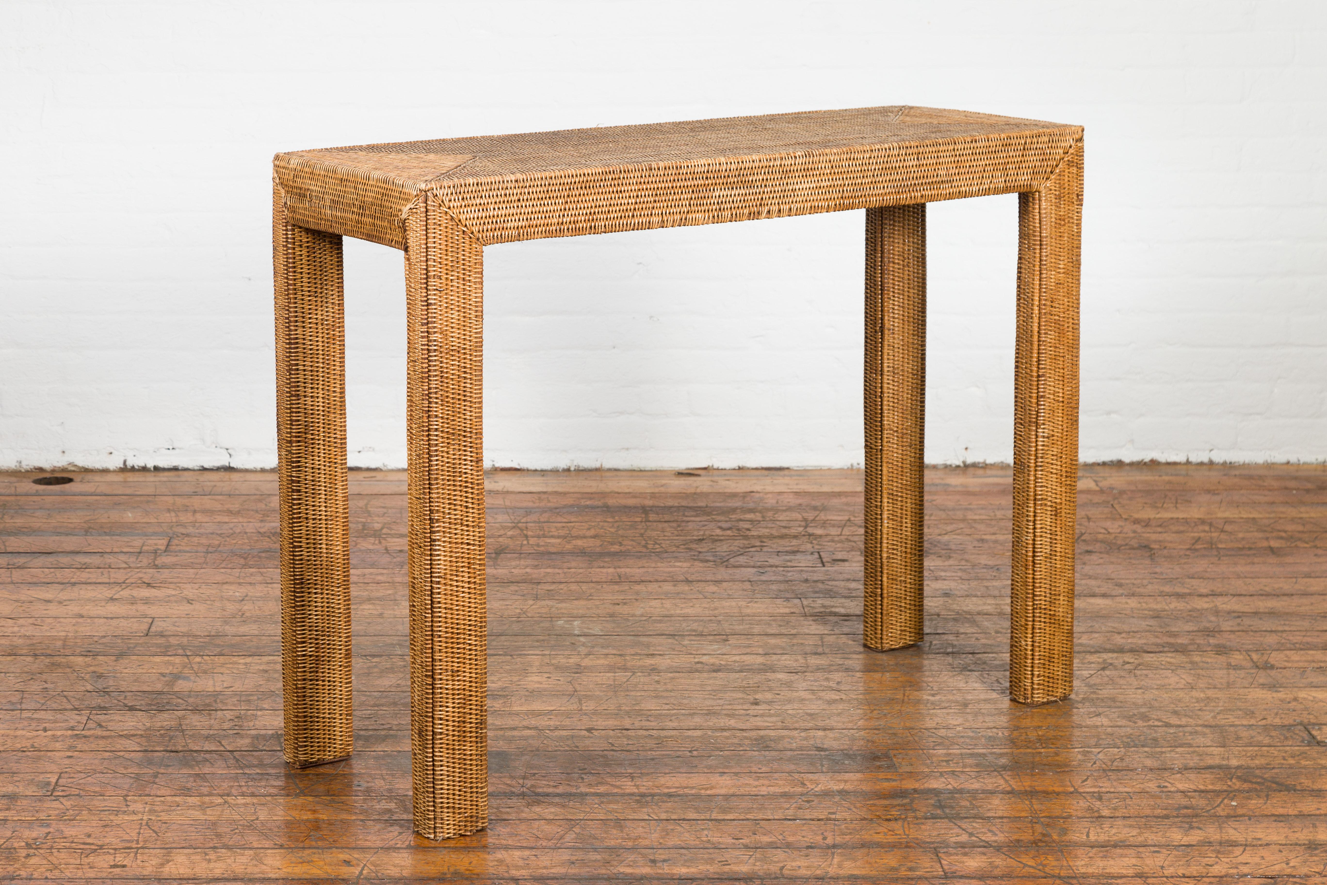 Midcentury Style Woven Rattan Console Table For Sale 8