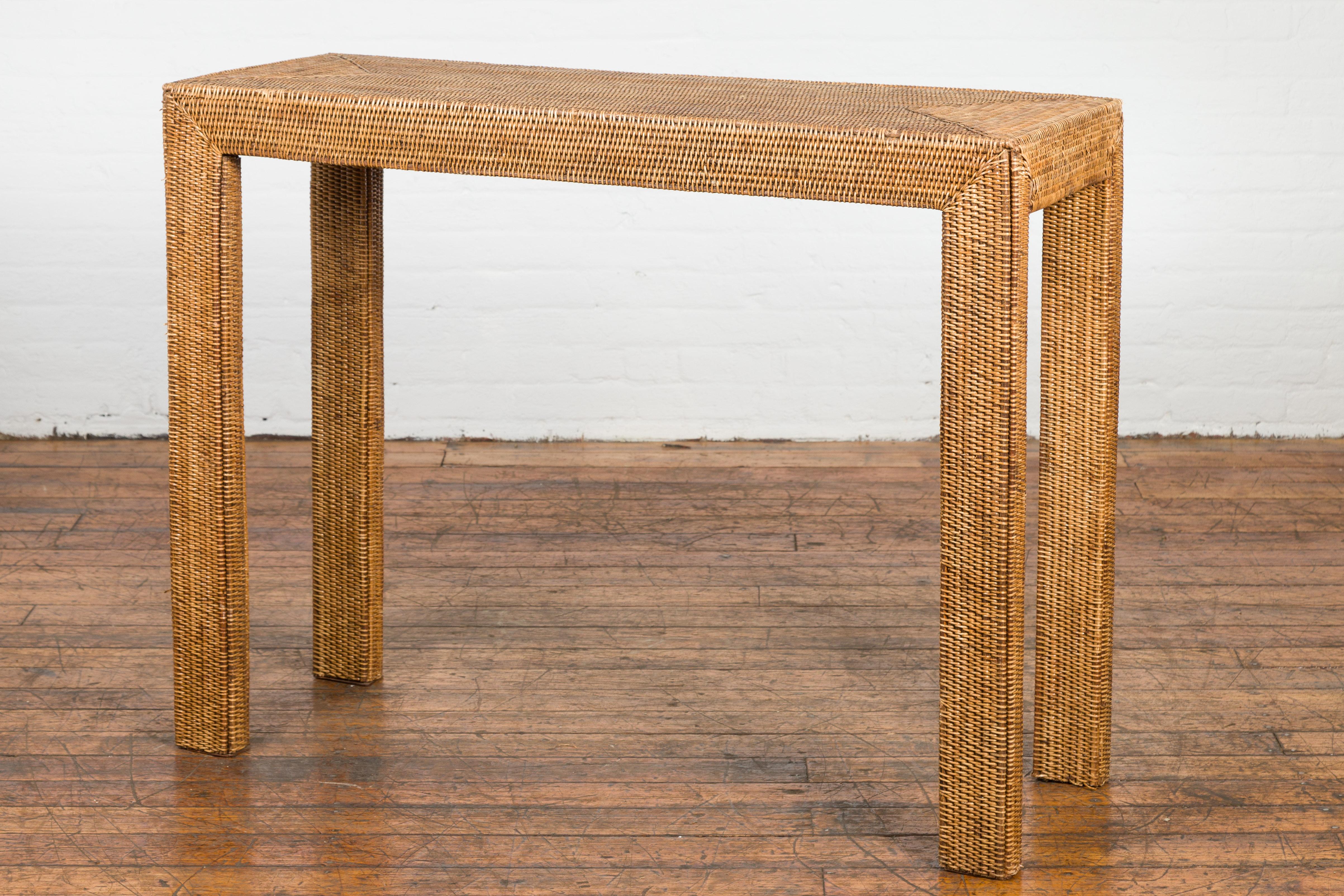 Thai Midcentury Style Woven Rattan Console Table For Sale