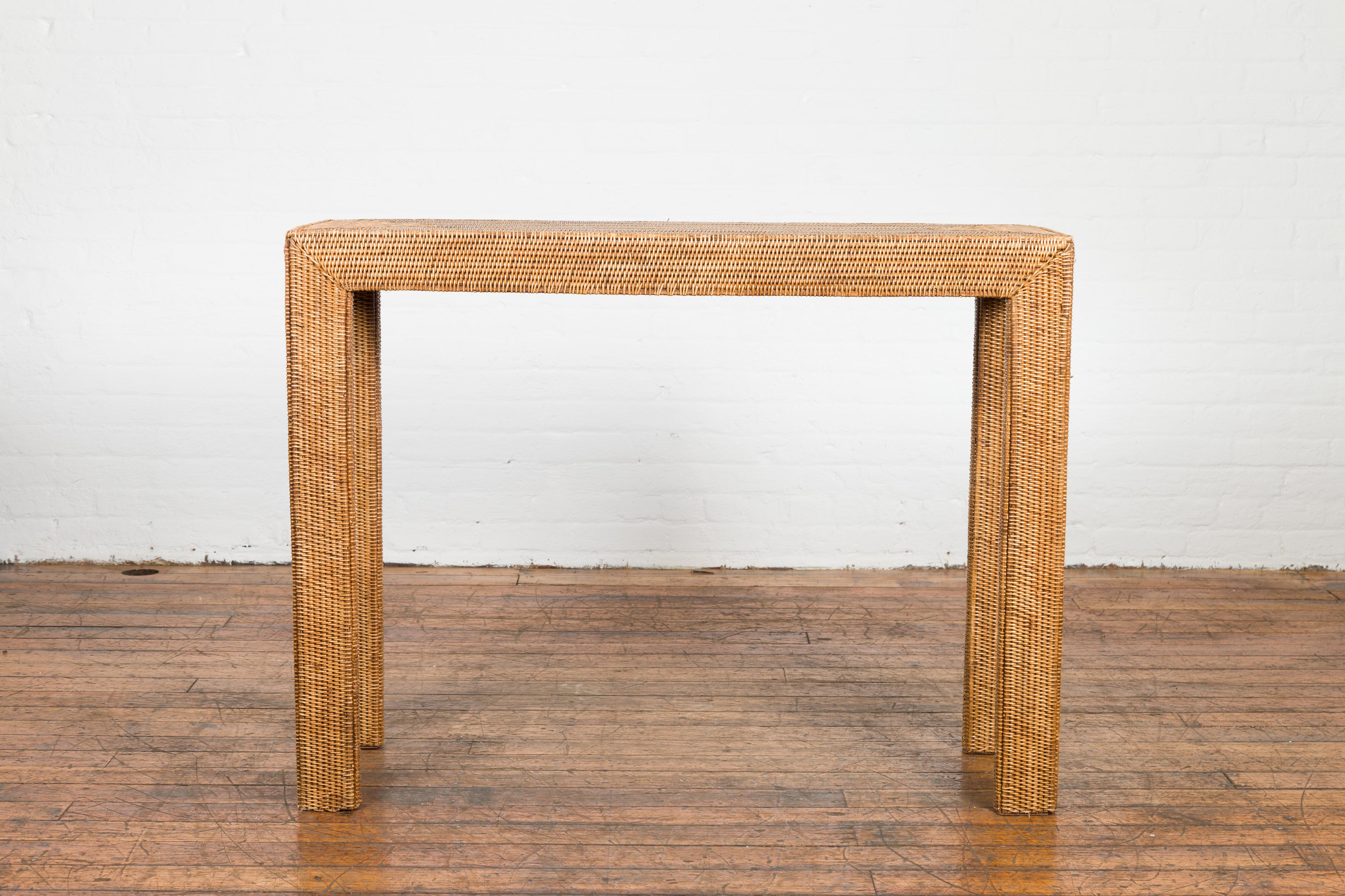 Midcentury Style Woven Rattan Console Table In Good Condition For Sale In Yonkers, NY