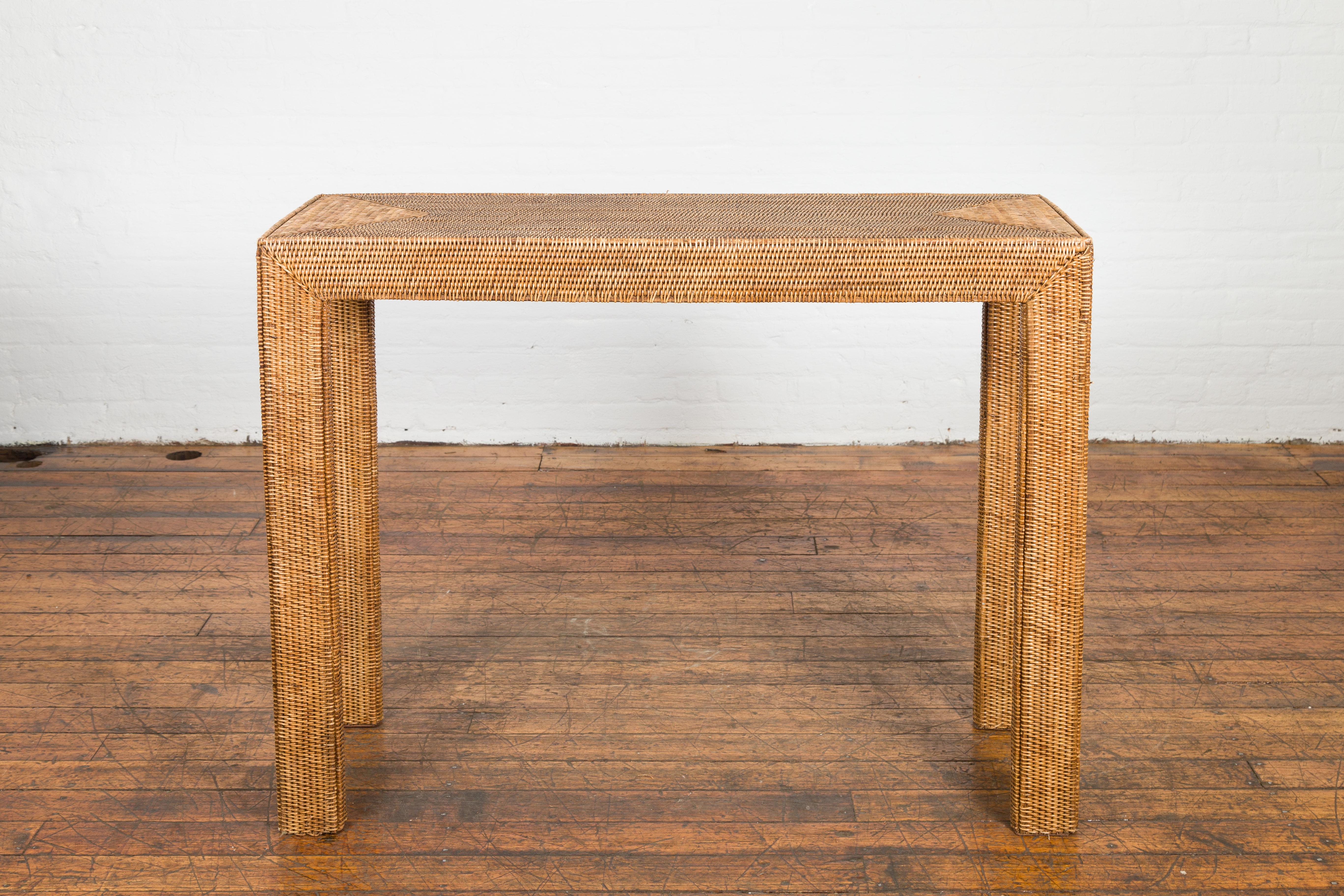 20th Century Midcentury Style Woven Rattan Console Table For Sale