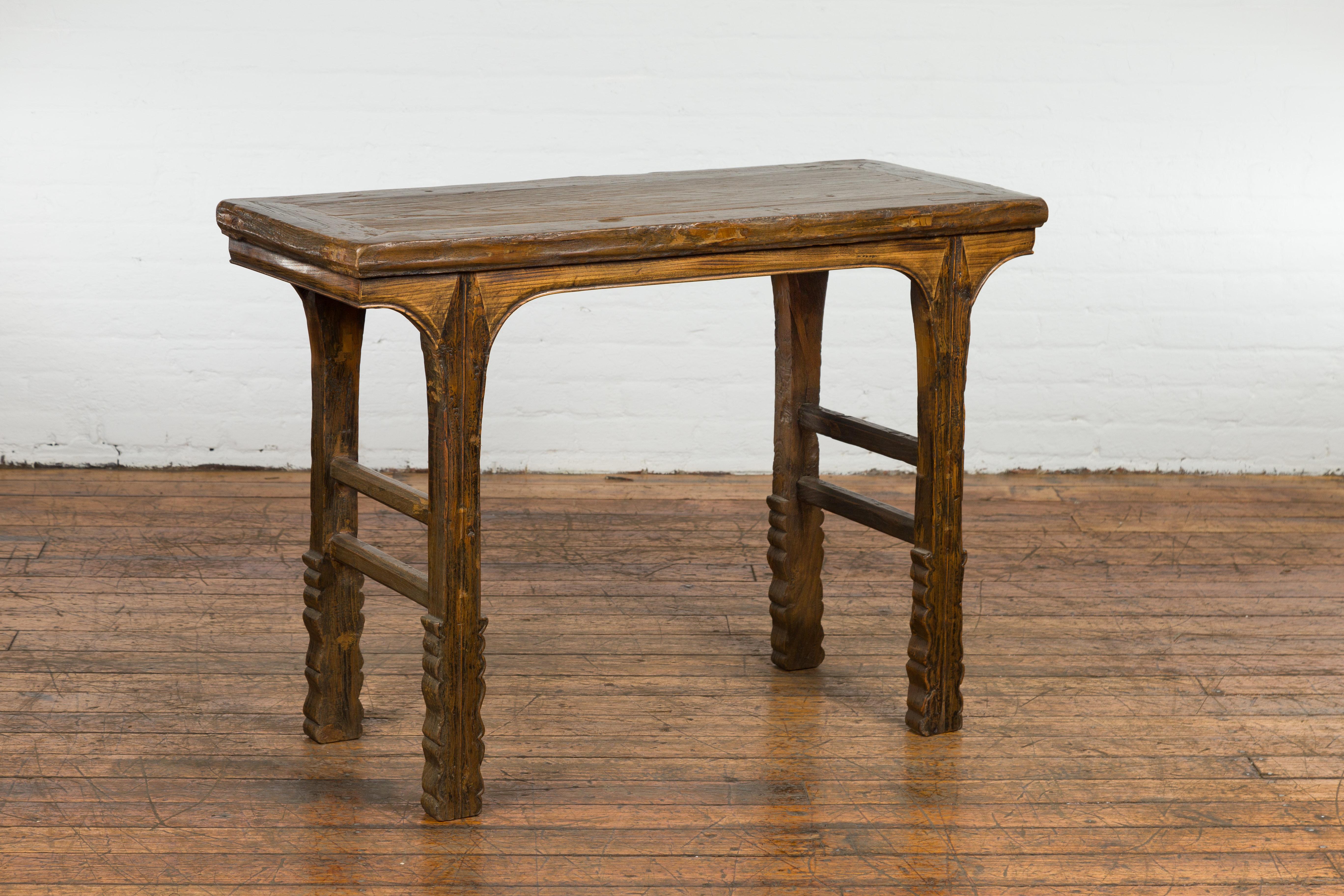 Qing 19th Century Antique Console Table with Textured Legs For Sale