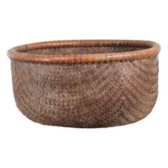 Rustic Chinese Qing Dynasty 19th Century Woven Rattan Round Grain Basket