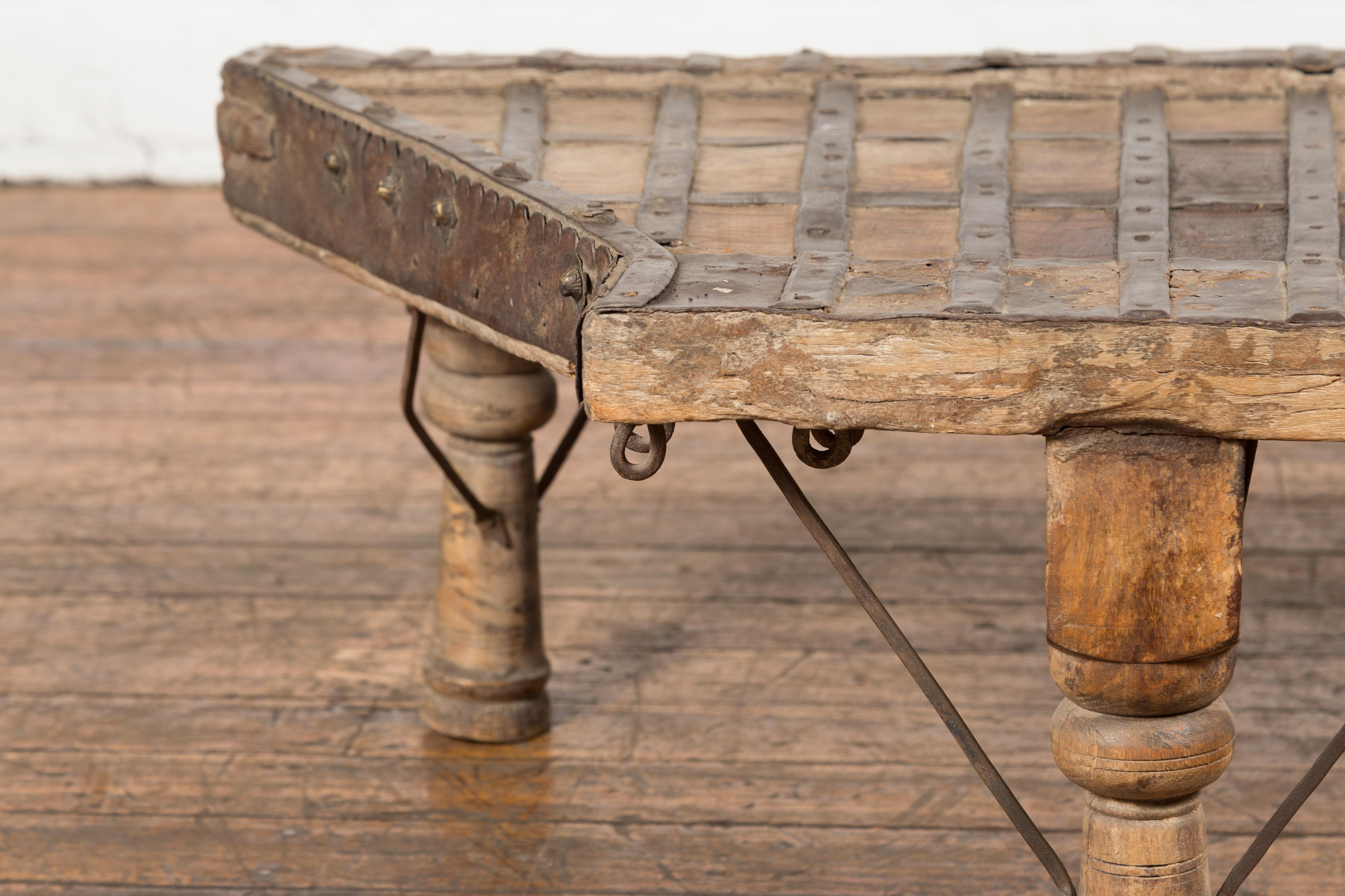 Rustic Coffee Table Made of 19th Century Indian Bullock Cart with Iron Details For Sale 9