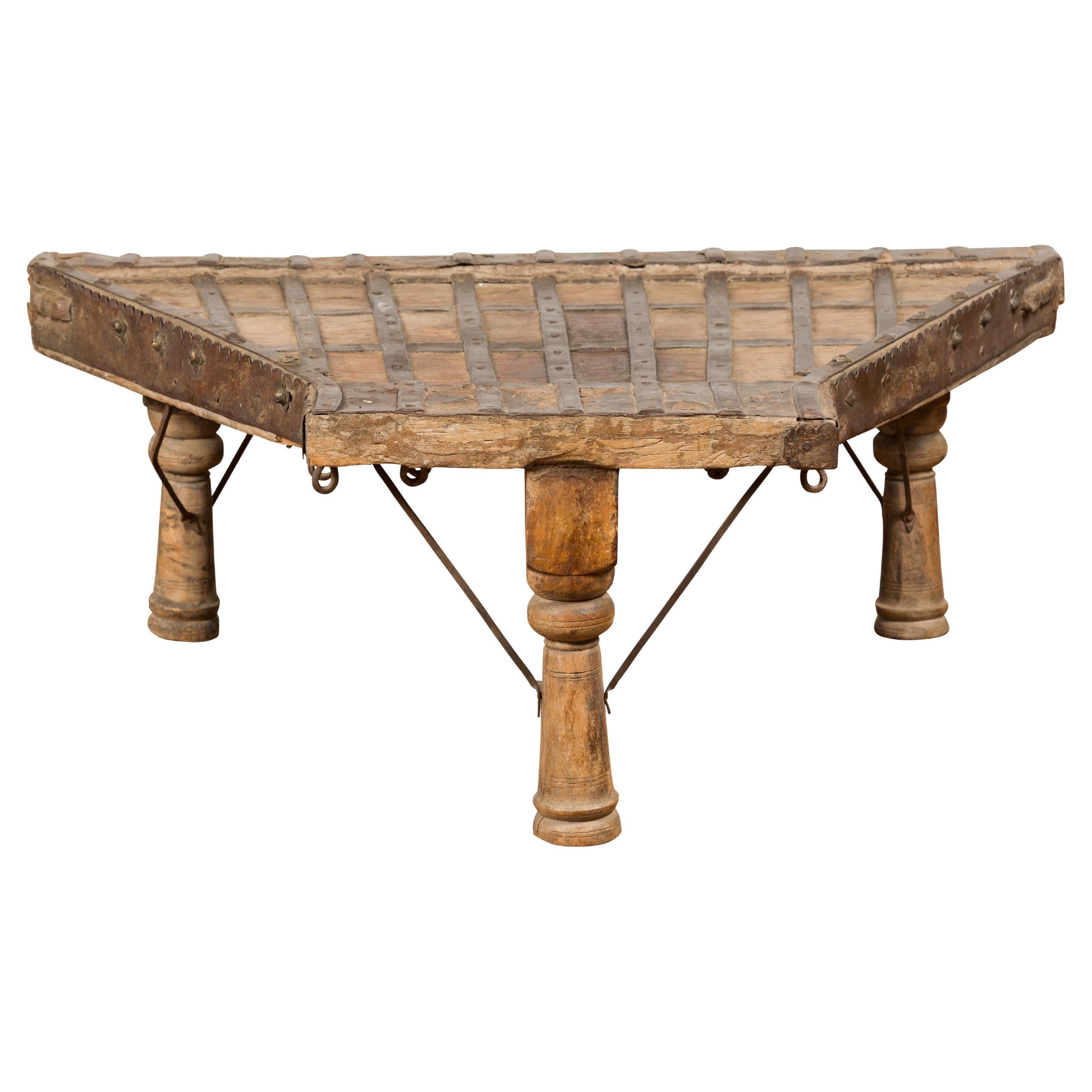 Rustic Coffee Table Made of 19th Century Indian Bullock Cart with Iron Details