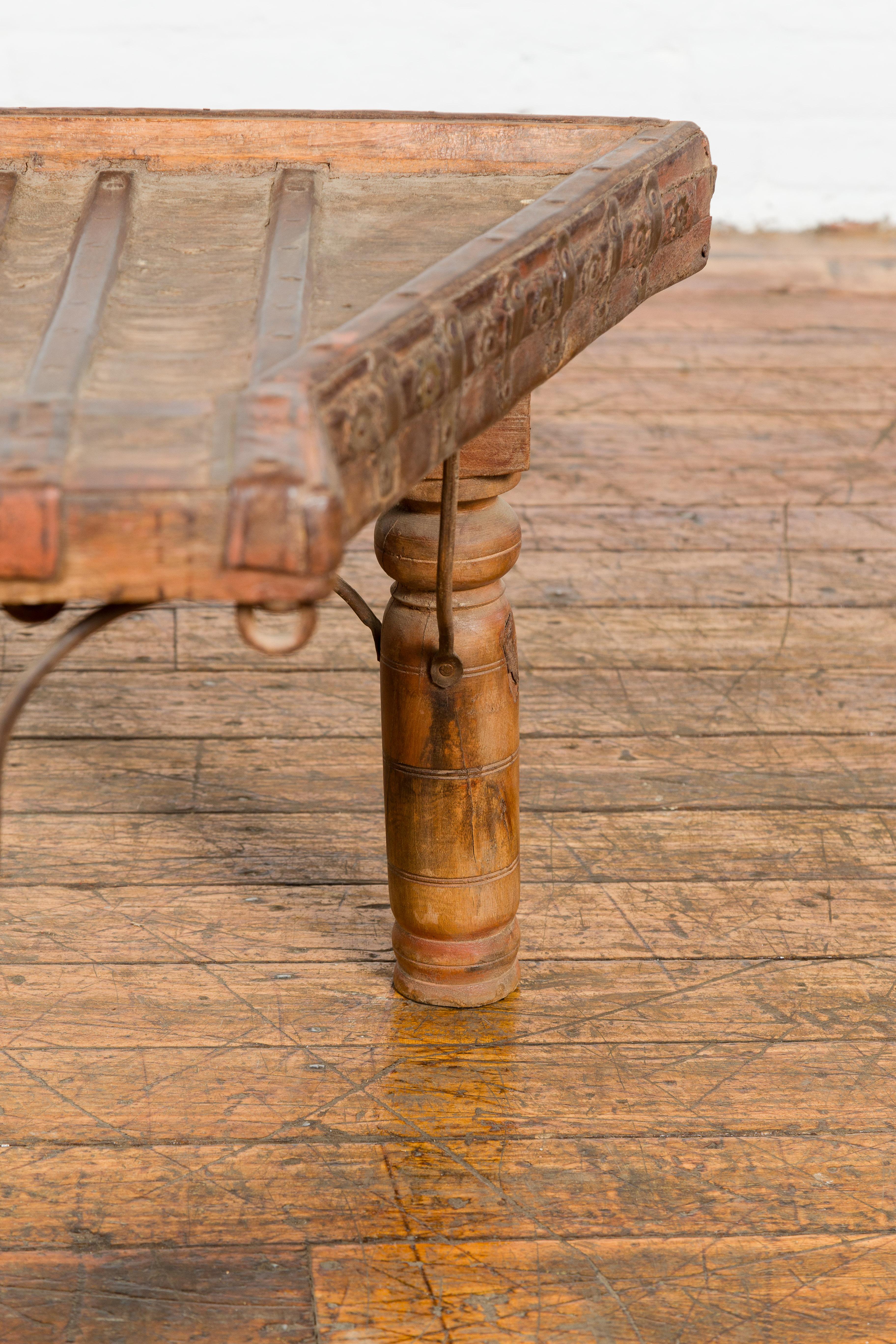 Rustic Coffee Table Made of 19th Century Indian Bullock Cart with Iron Stretcher 3