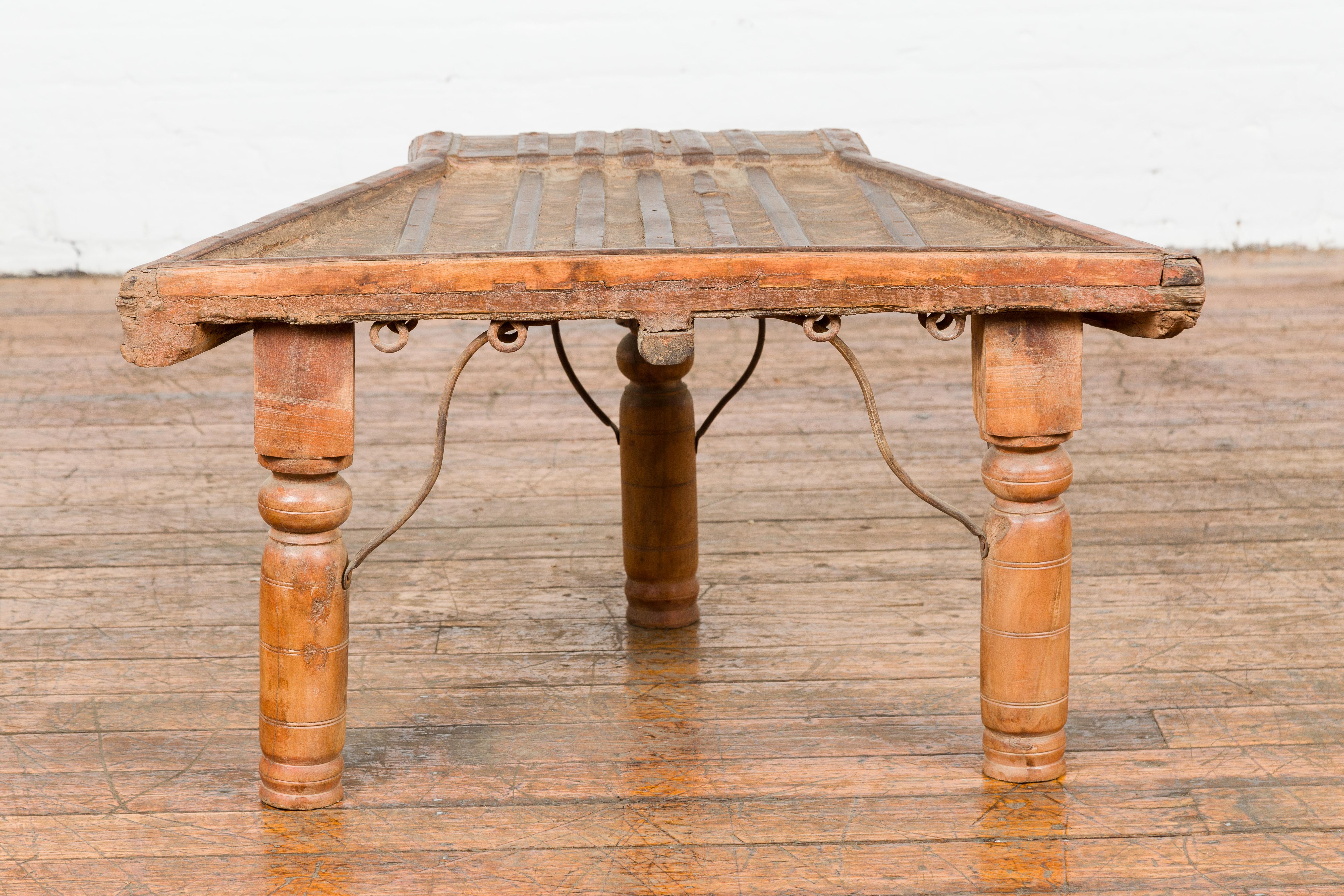 Rustic Coffee Table Made of 19th Century Indian Bullock Cart with Iron Stretcher 8