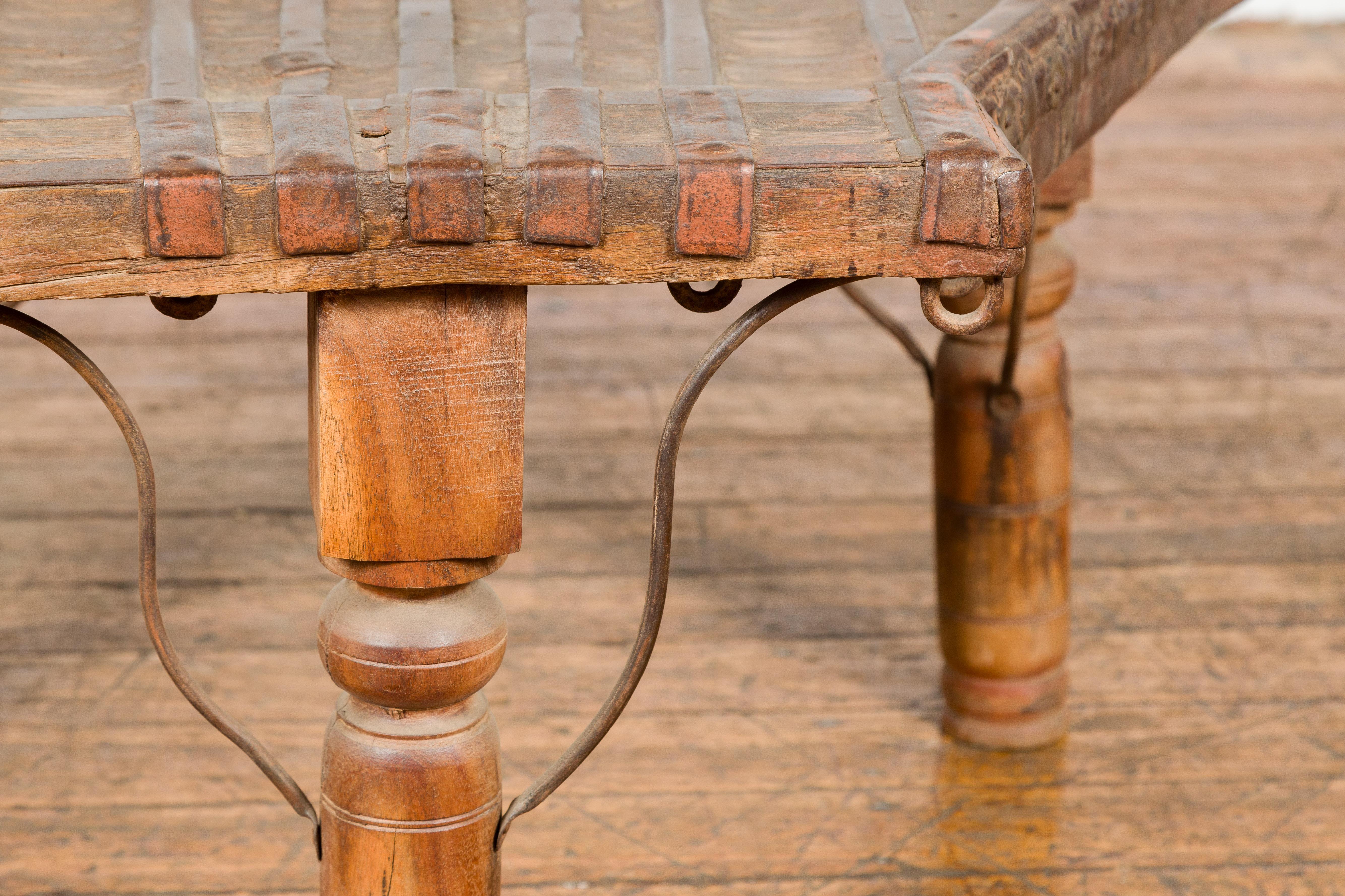 Rustic Coffee Table Made of 19th Century Indian Bullock Cart with Iron Stretcher For Sale 2