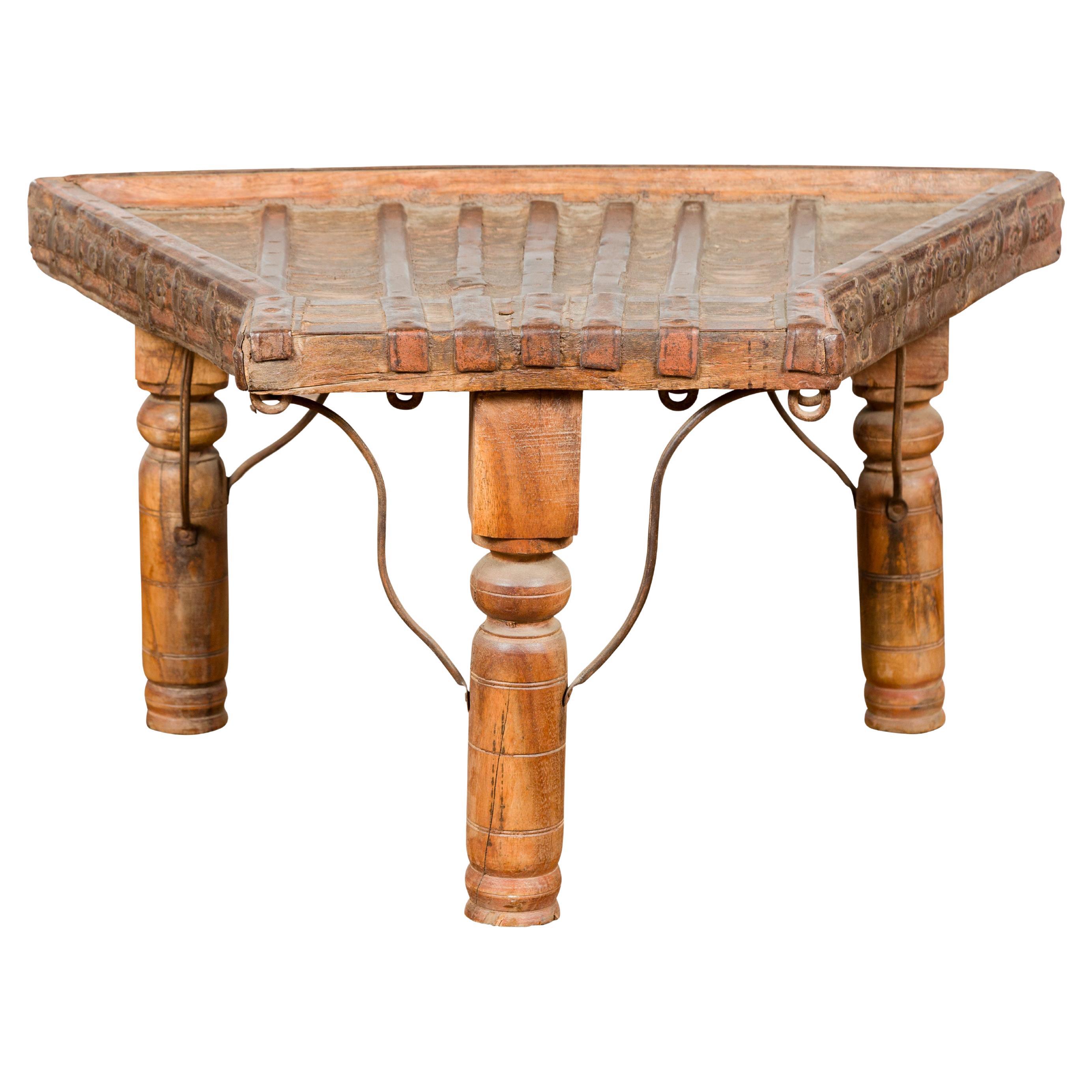 Rustic Coffee Table Made of 19th Century Indian Bullock Cart with Iron Stretcher For Sale