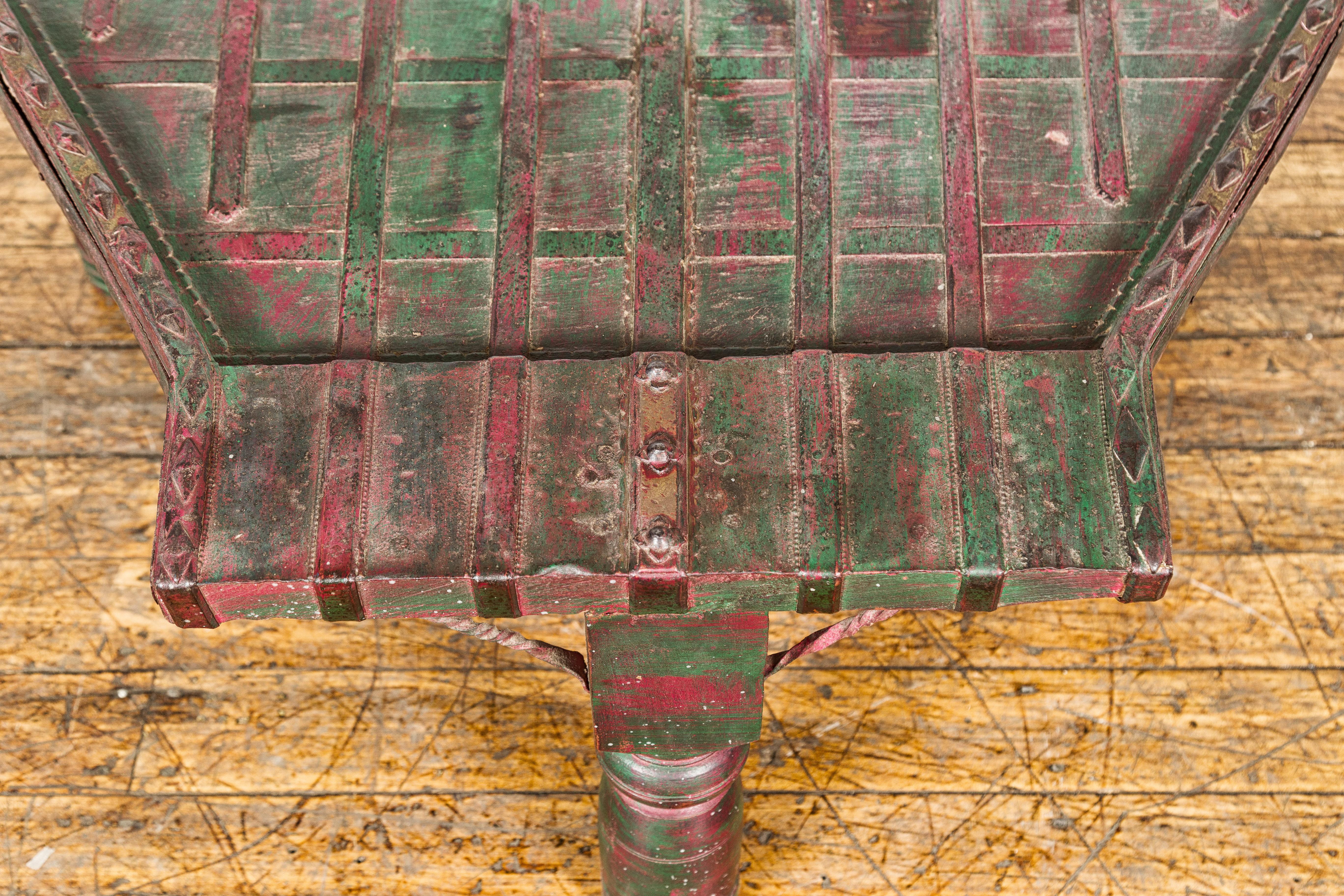 19th Century Rustic Coffee Table with Red and Green Lacquer, Turned Baluster Legs and Iron For Sale